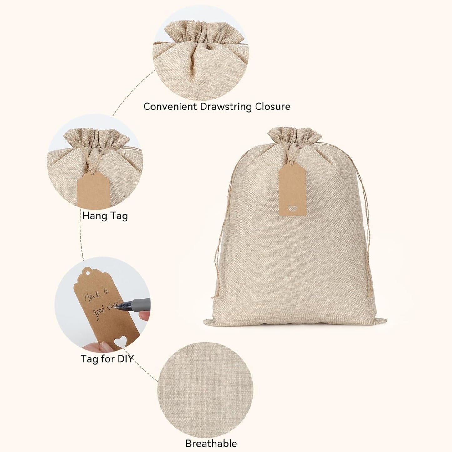Tapleap Burlap Gift Bags with Drawstring - 10Pcs 12x16 Original Sacks with String and Tags for Wrapping Halloween Favors, Breads, Wine, For Birthday, Wedding or Household Use