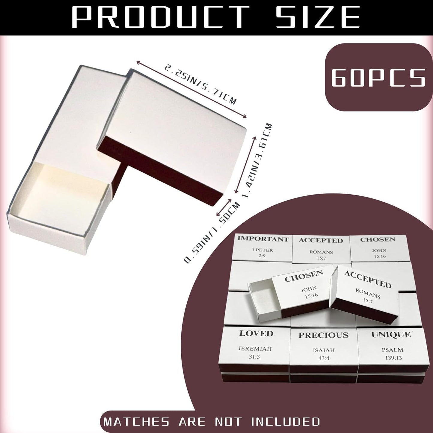 60pcs Blank Match Boxes, 2.25x1.42x0.59in Bulk Christian Bible Matchboxes DIY White Storage Containers Holders Double-Sided Striker Wedding Bridal Baby Shower Birthday Party Favor, No Matches Included