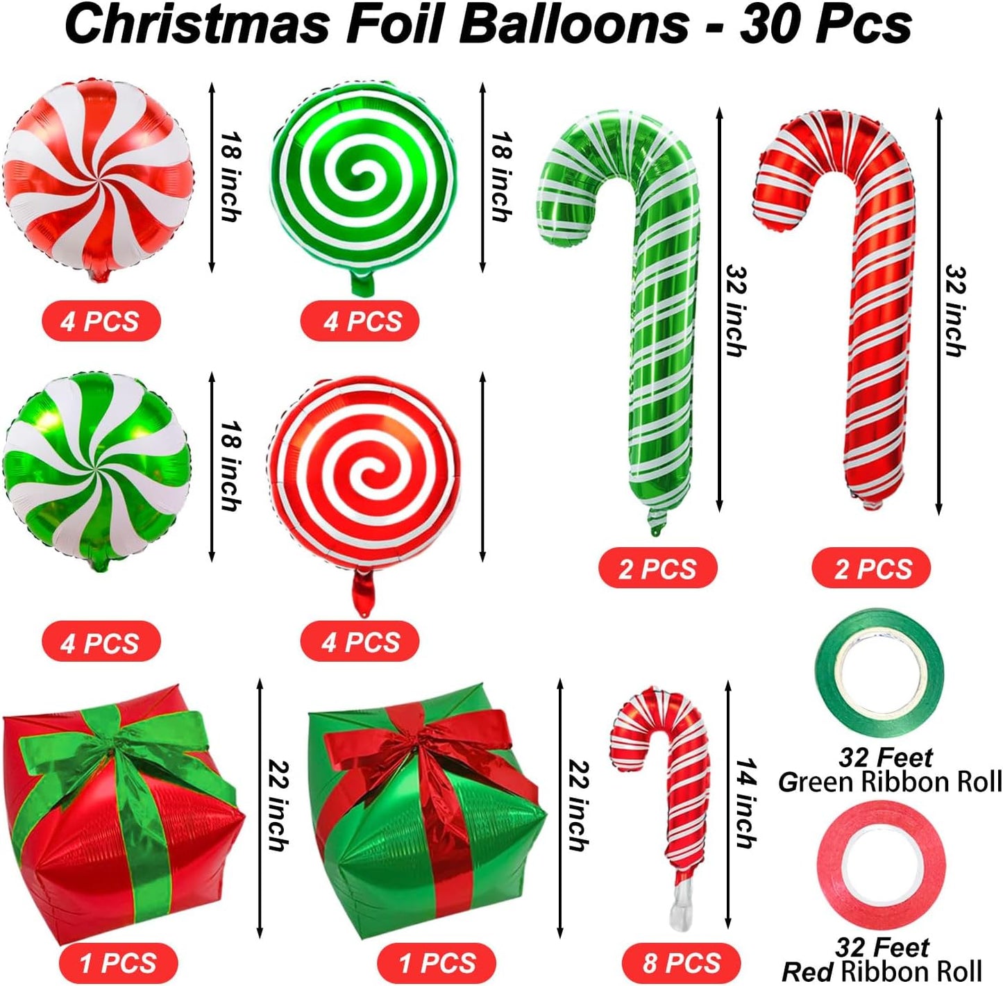 Christmas Cane Candy Balloons Red Green Candy Cane Gift Box Foil Balloons for Sweet Candies Theme Party Decorations 30 Pcs