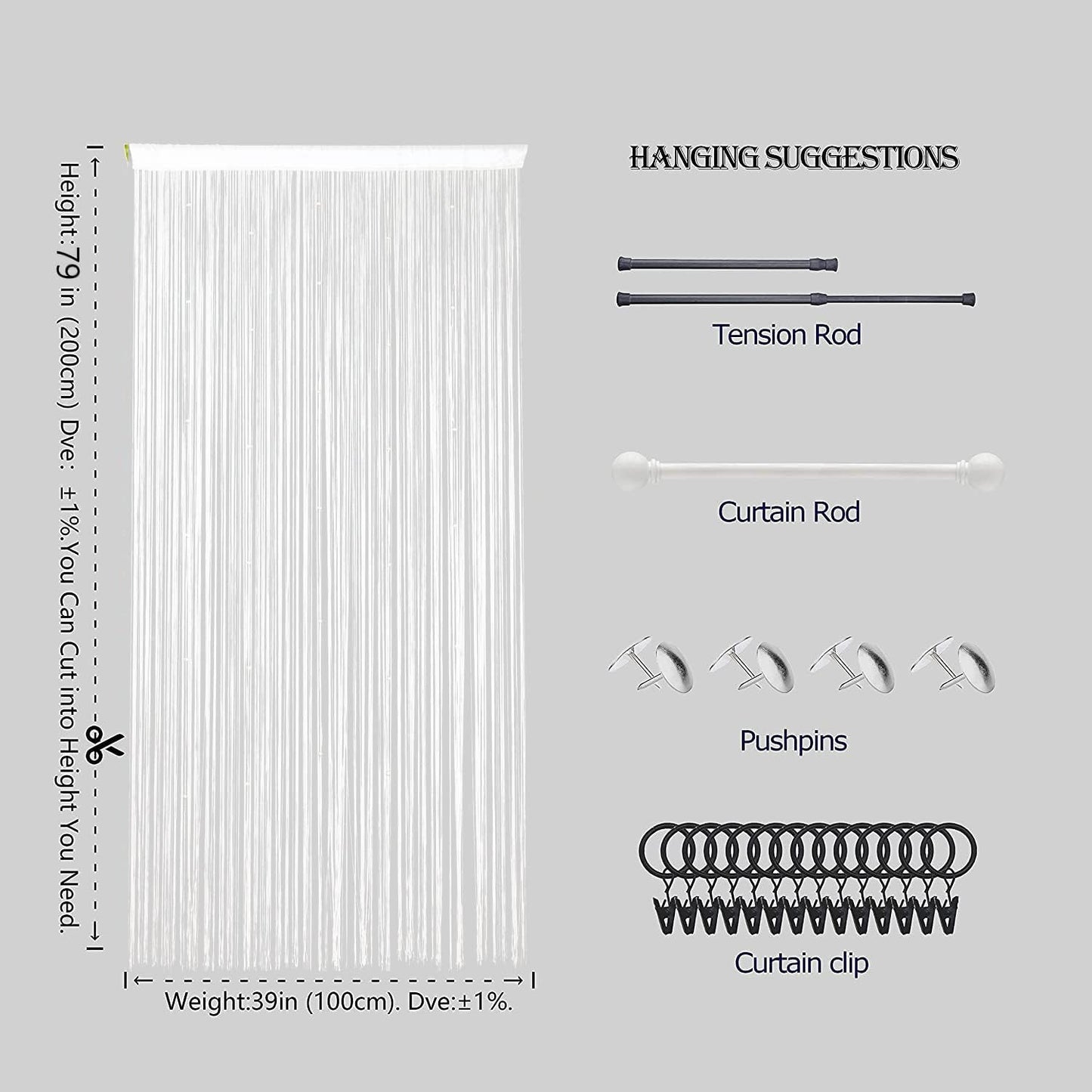 Beaded Curtain Beads Door String Curtains Ideal for Living Room Decor Wall Hanging Fringe Doorway Divider Bedroom Backdrop Hippie Window Closet Privacy Rod Pocket Dense (100x200cm,White)