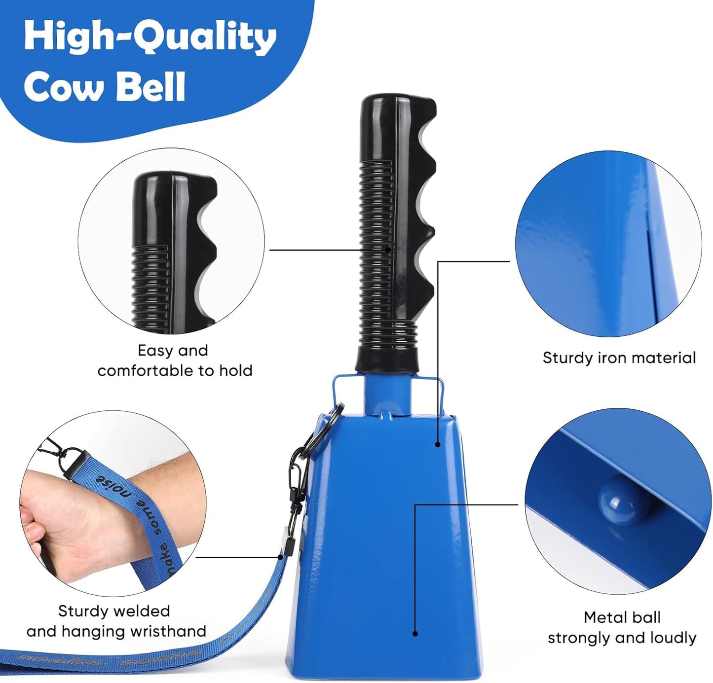 Cow Bells Noise Makers with Handle: Cowbells Hand Percussion for Sporting Events with Wrist Strap - 2pcs 8 Inch Large Loud Cheering Bell for Football Games Graduation (Blue)