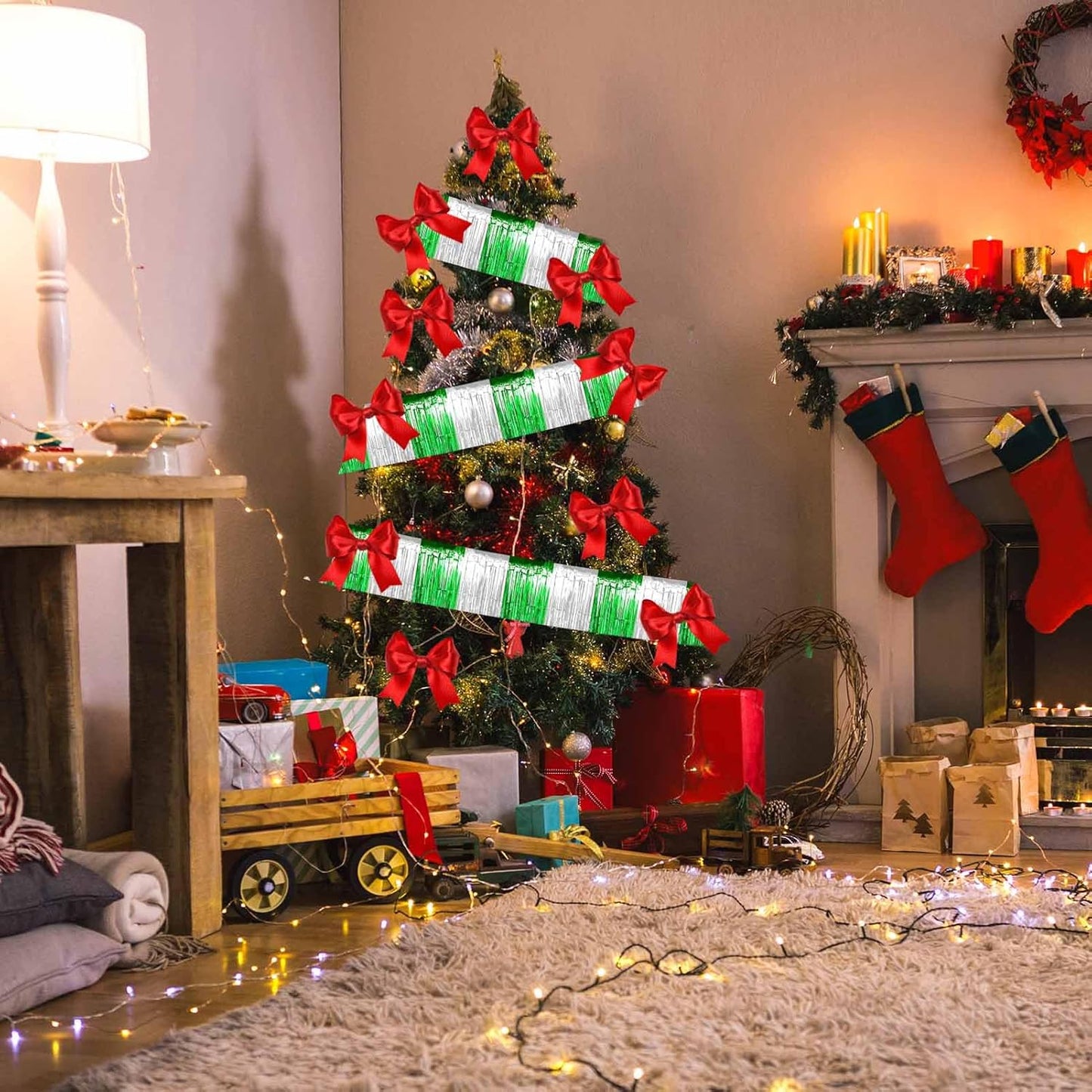 4 Pack 10 Feet Silver Green Foil Fringe Garland Metallic Tinsel Streamers Banner Wall Hanging Curtain Backdrop for Parade Floats, Wedding, Graduate, Mother's Day, Birthday Party Decoration