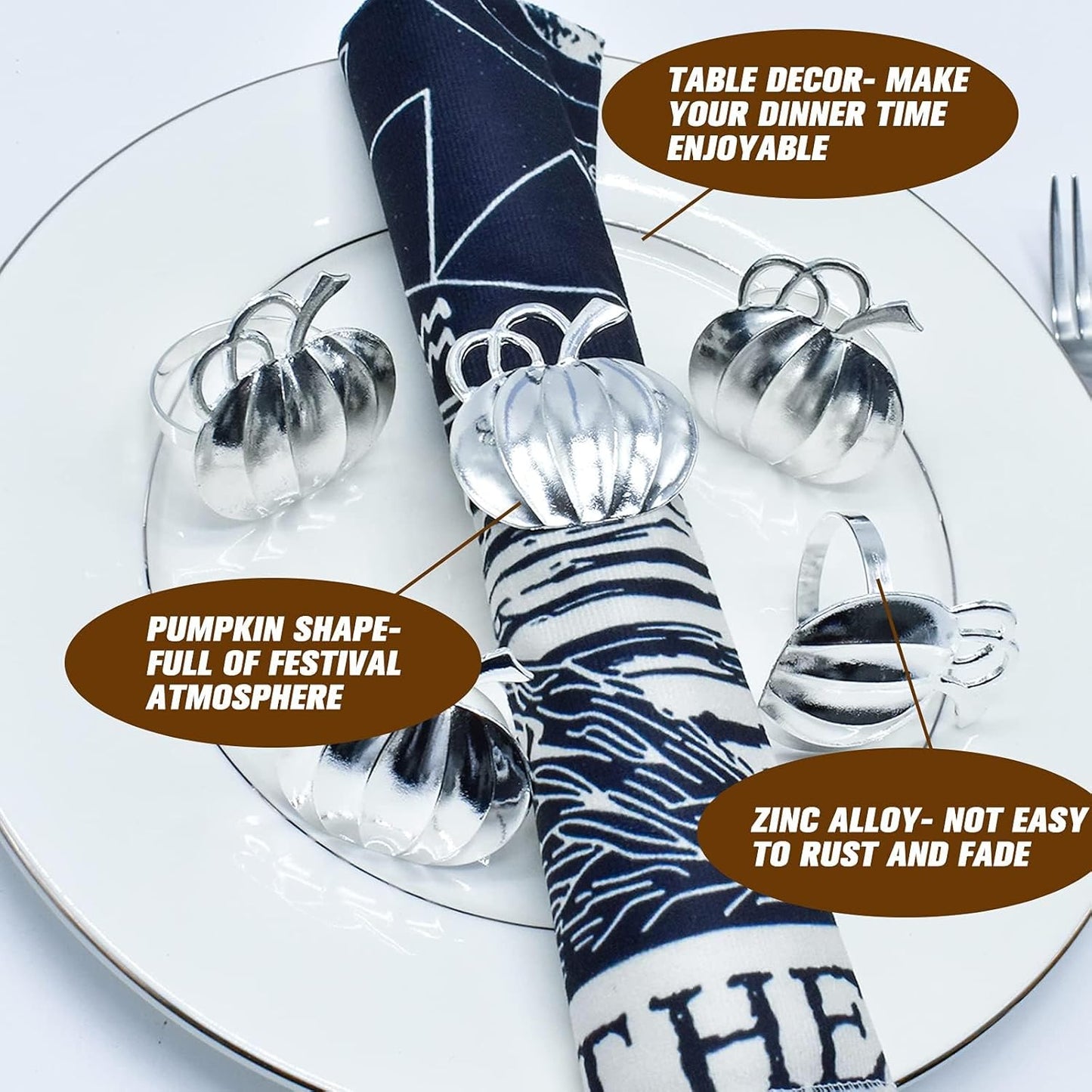 Halatool Pumpkin Napkin Rings Set of 12, Alloy Fall Napkin Rings Thanksgiving Halloween Dinner Tables Holders for Thanksgiving Weddings Holidays Gathering Dinner Party (Silver)