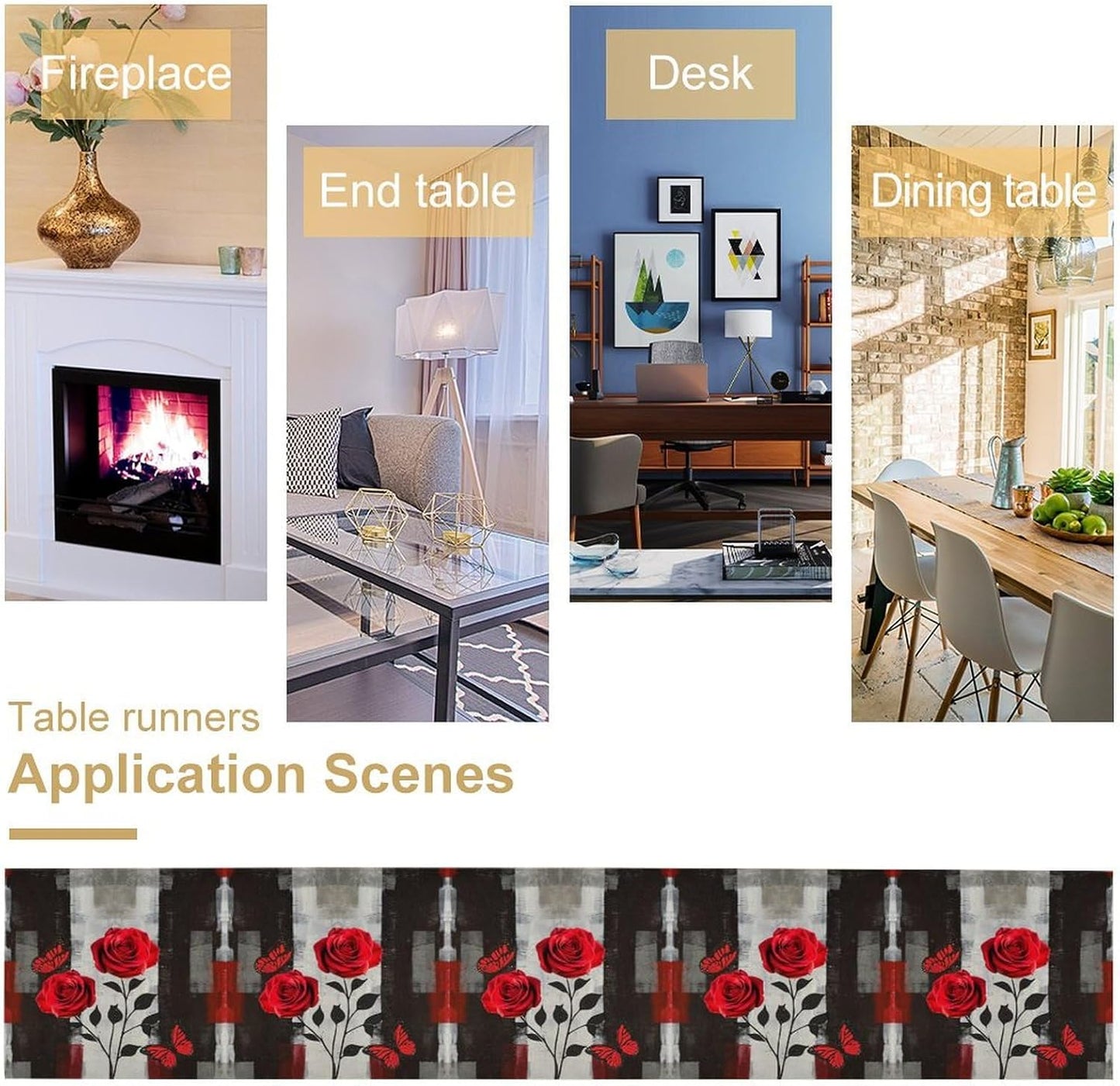 Abstract Art Rose Table Runner, Red Roses Floral Butterfly Black Red Grey Ink Background Pattern Kitchen Dinning Table Runner for Indoor Outdoor Home Wedding Party Holiday, 13x120 Inch