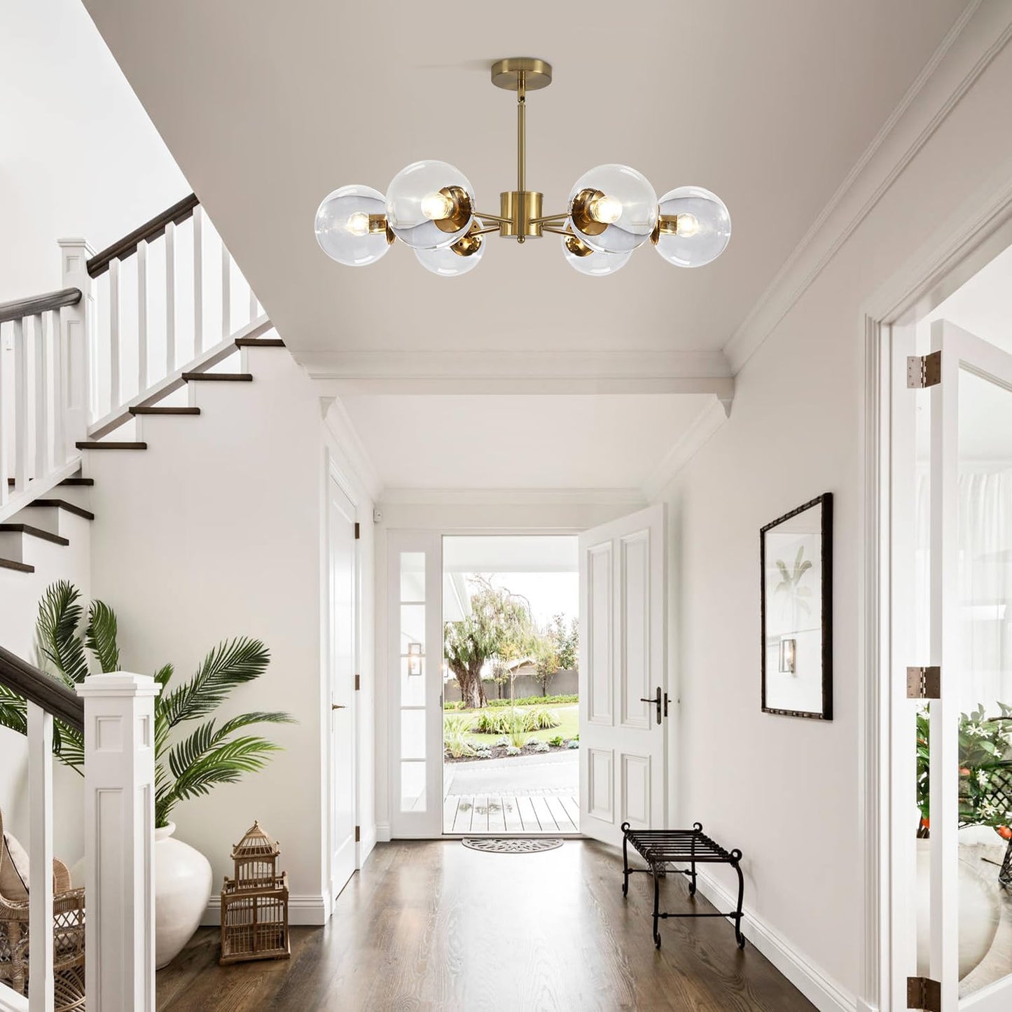 KCO Lighting Modern 6-Light Sputnik Chandelier with Clear Glass Globe Mid Century Adjustable Ceiling Pendant Light Gold Brass Flush Mounted Fixture