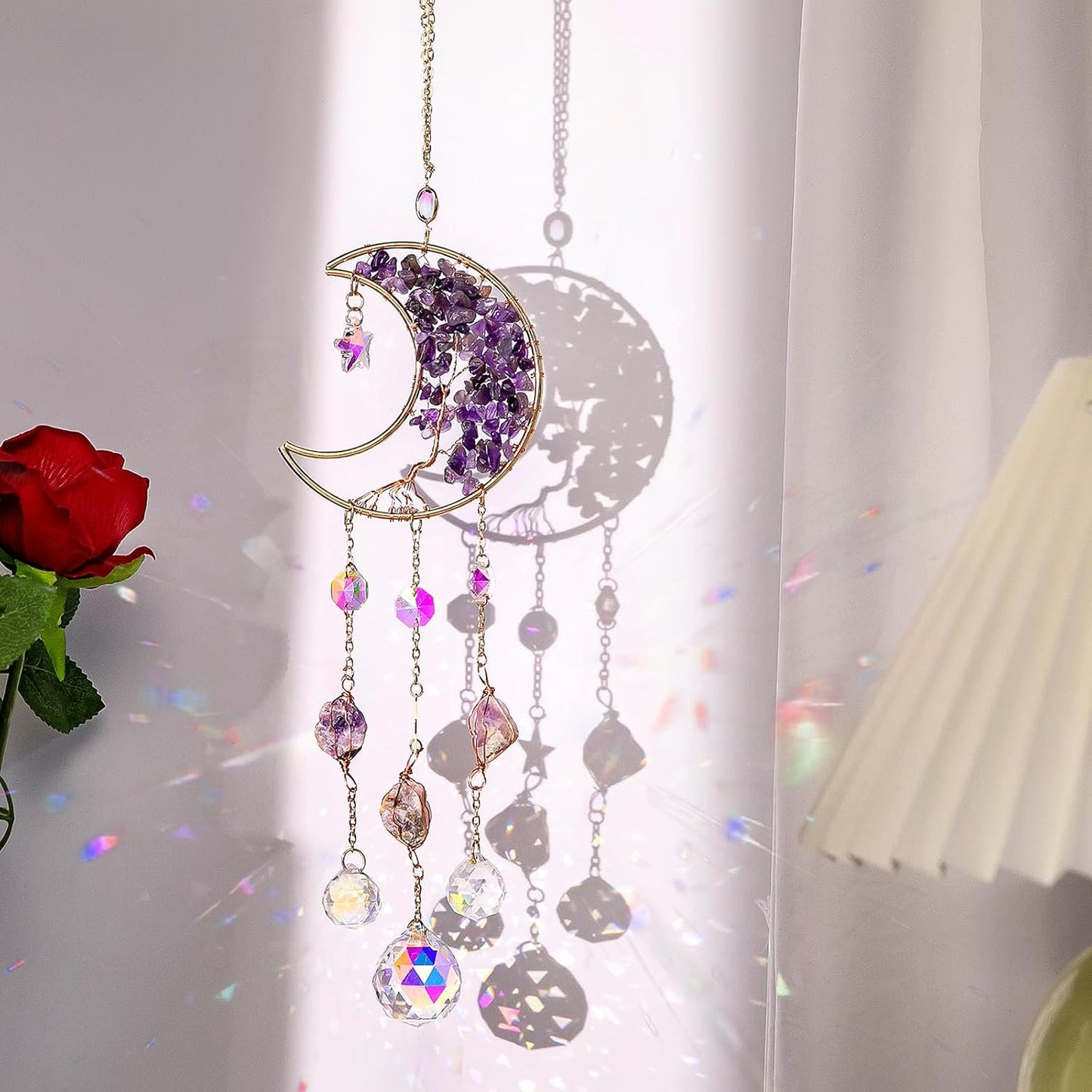 TUOKING Amethyst Crystal Moon Suncatchers for Window Hanging Tree of Life Natural Healing Stones Wind Chimes Sun Catcher Rainbow Maker Good Luck Gifts Decor for Home Garden