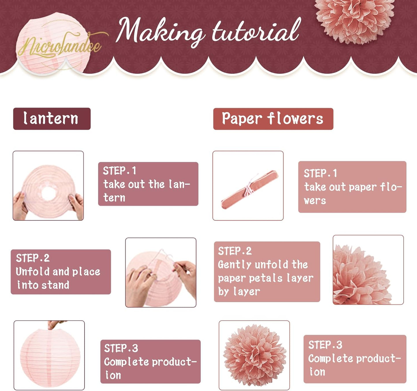 NICROLANDEE Burgundy Party Decorations 12PCS Hanging Paper Lanterns Tissue Pom Poms Decor for Retirement Party Birthday Anniversary Valentines Day Decorations