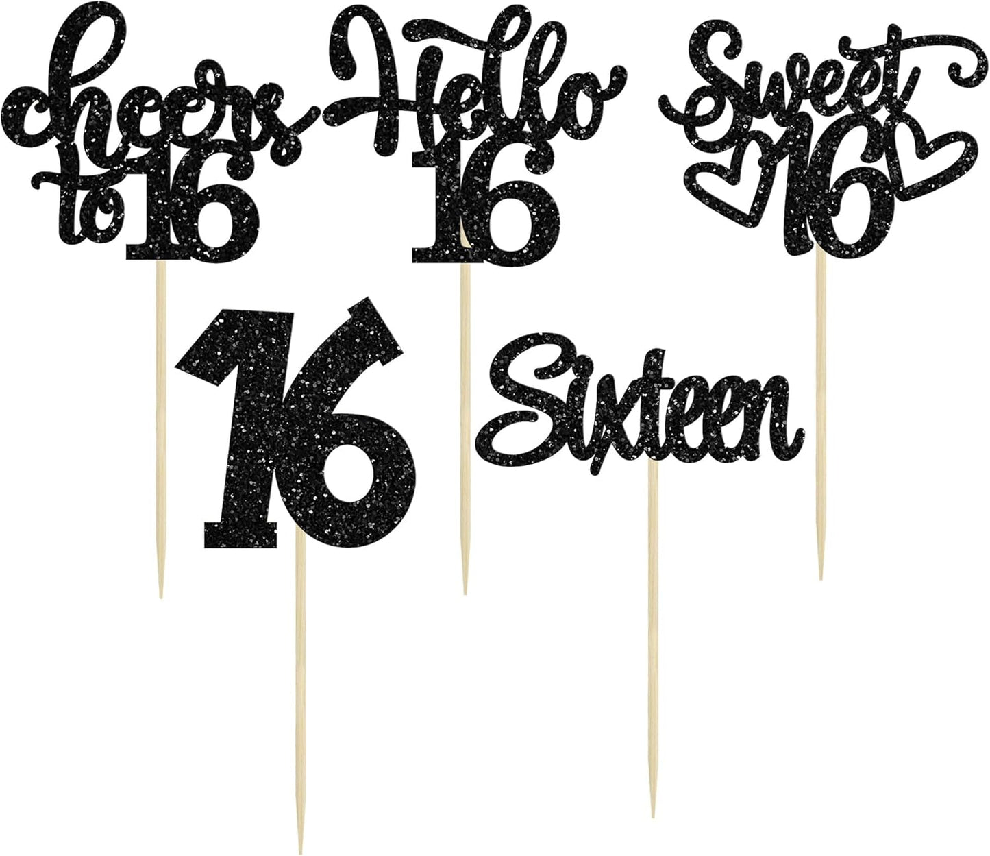30pcs 16th Birthday Cupcake Toppers - Sixteen Happy Cupcake Picks, Cheers to 16 Sweet 16 Cake Decorations for 16th Birthday Party Supplies - Black Glitter