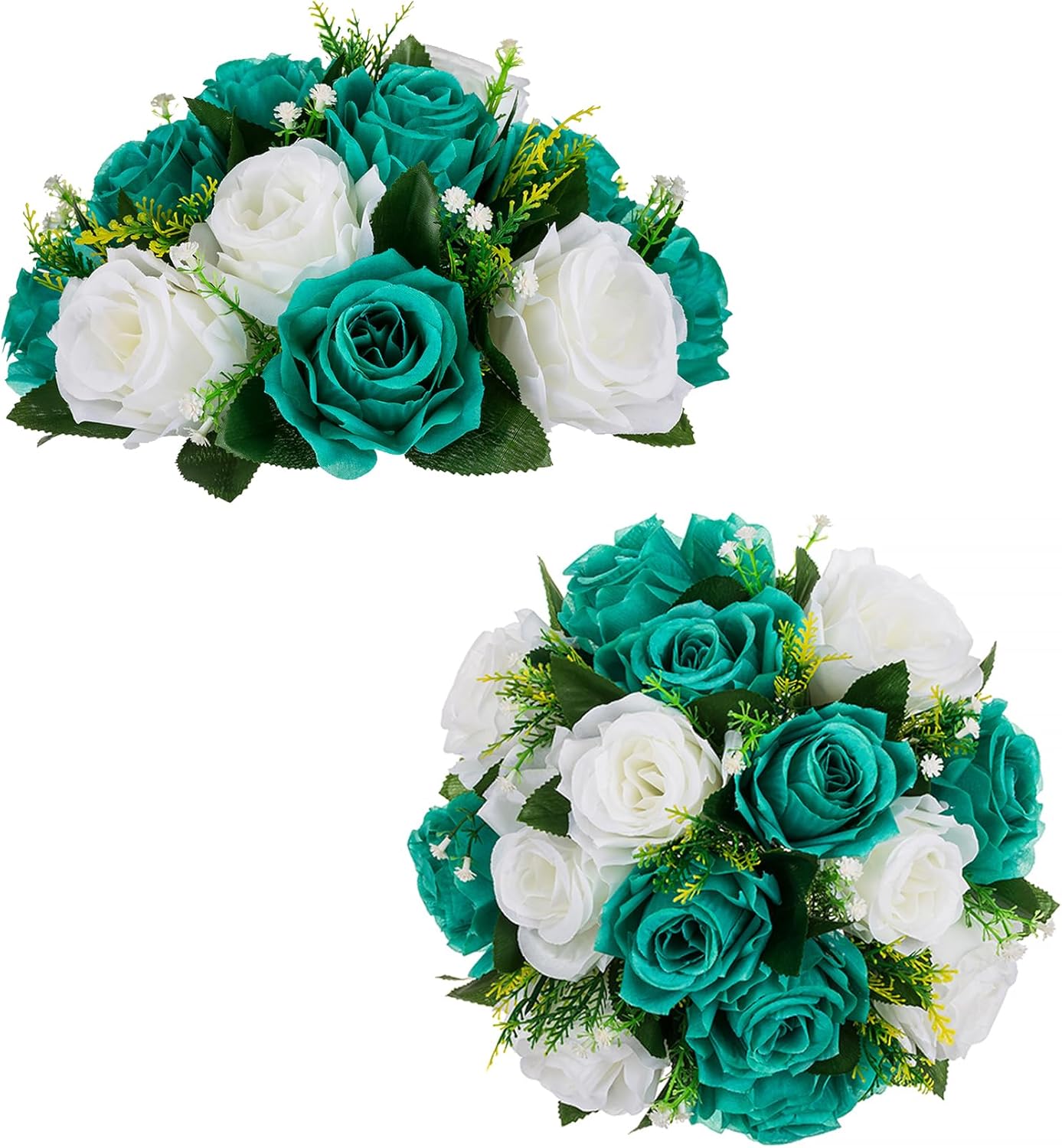 BLOSMON Teal Flowers Ball Decorations: 2 Pcs Fake Roses Flower Centerpiece for Wedding Table - Artificial Silk Kissing Bouquet Floral Arrangement for Home Party Event Decor