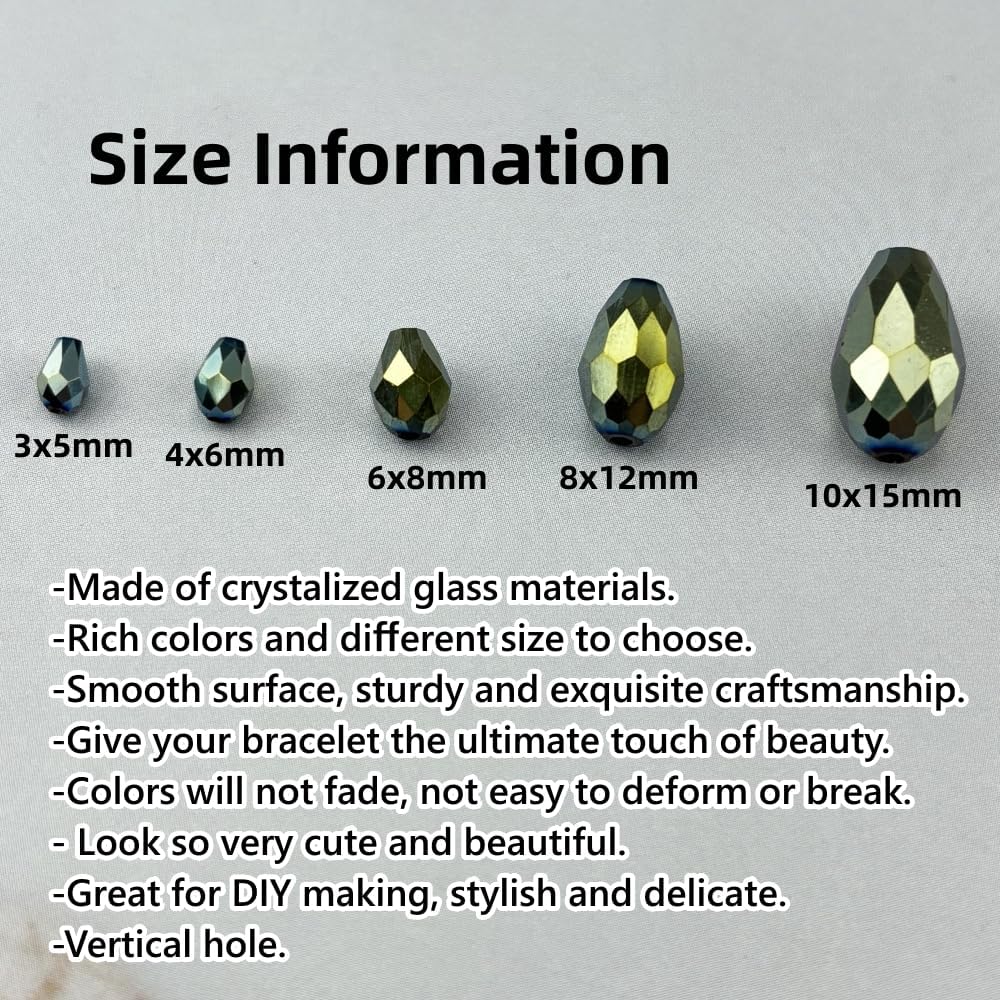 200pcs 3x5mm Teardrop Crystal Glass Beads for Jewelry Making, Faceted Vertical Hole Teardrop Glass Spacer Beads for Wind Chimes Bracelet Earring Necklace DIY Craft(Green Light)