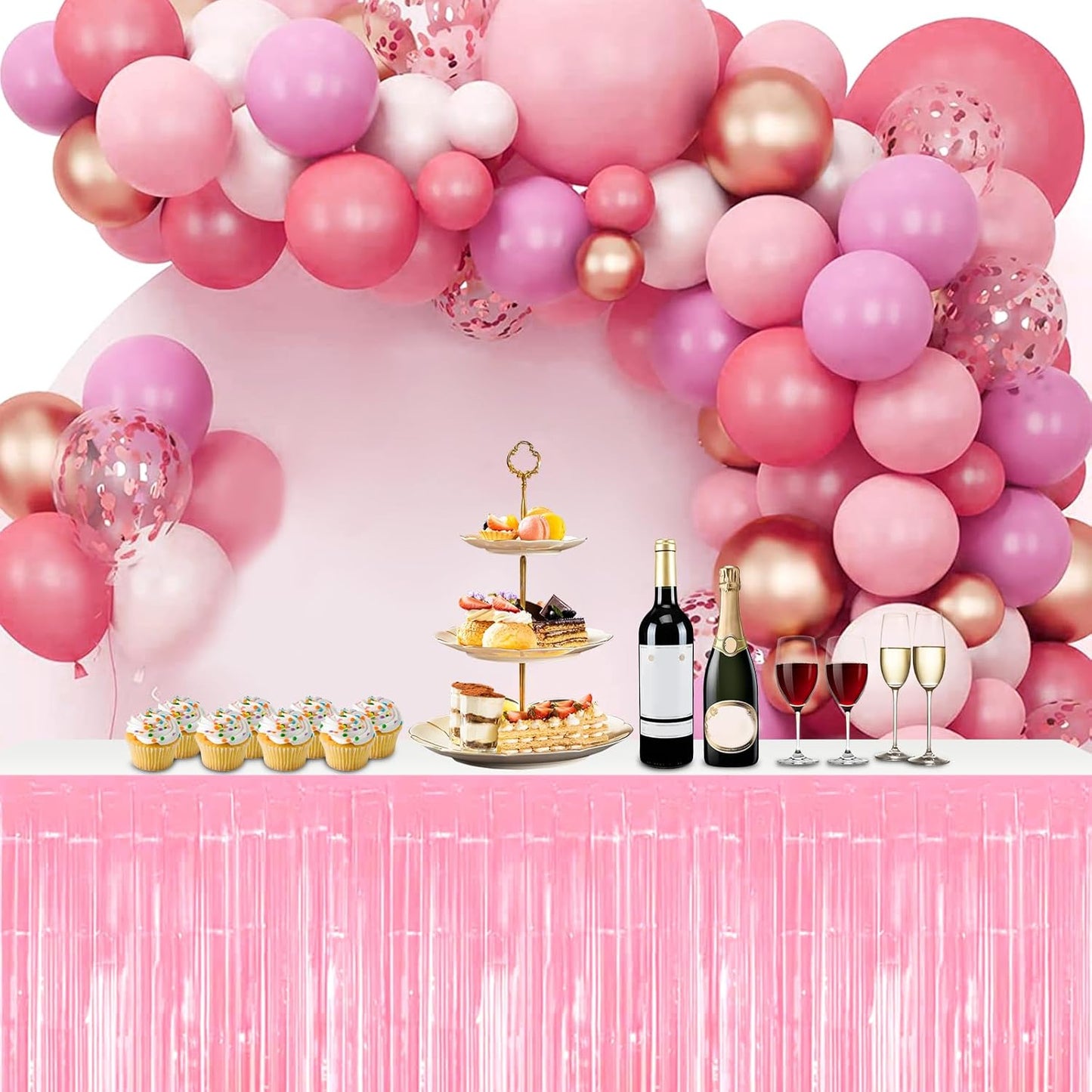 3 Pack 29x108 Inch Macaron Pink Foil Fringe Table Skirts Metallic Banner for Tinsel Streamer Garland Backdrop for Parade Floats Wedding Thanksgiving Birthday Christmas Halloween Party Decoration