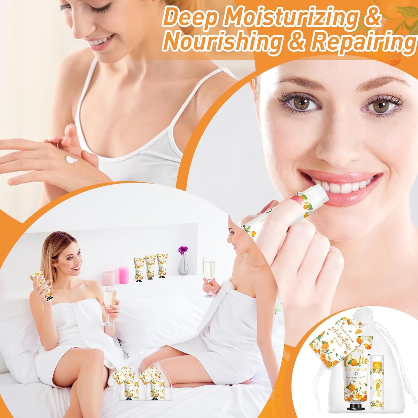 50 Pack Bulk Hand Cream and Bulk Lip Balm Gifts Sets, Bridal Shower Favors and Baby Shower Favors for Guests with Thank You Card and Organza Gift Bags, Appreciation Gifts, Baby Shower Prizes (Orange)