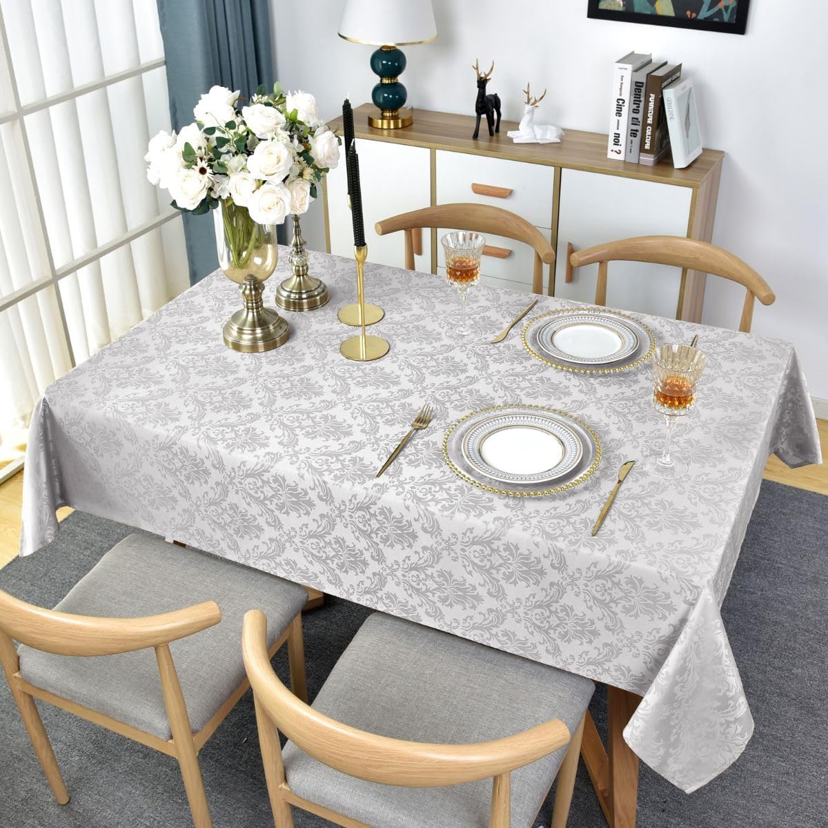 SASTYBALE Rectangle Tablecloth - 52 x 70 Inch Gray Damask Table Cloth Jacquard Design Spill Proof Wrinkle Resistant Waterproof Soft Polyester Oblong Table Cover for Kitchen Parties Tabletop