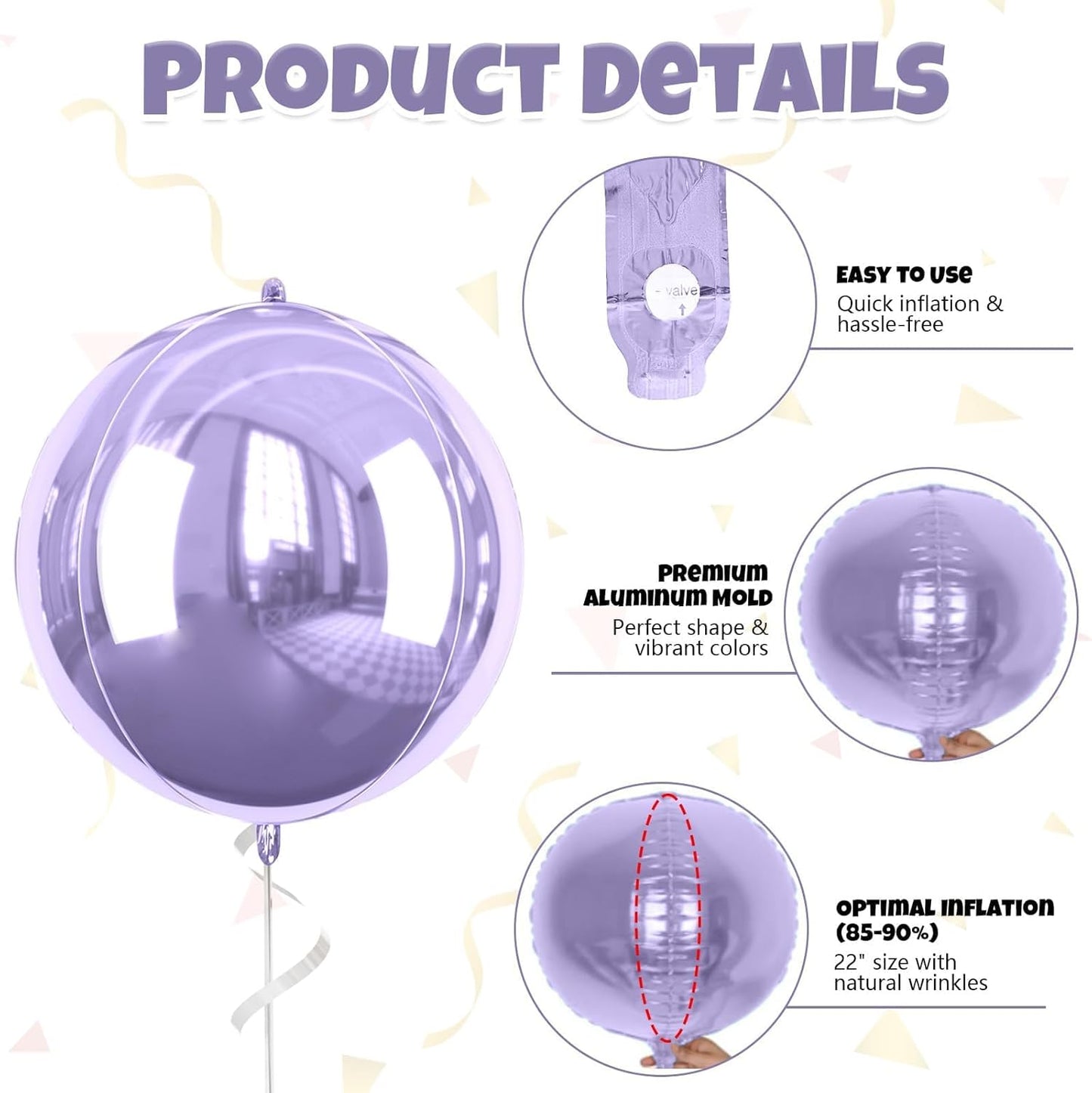 Purple Giant 4D Foil Balloons, 6Pcs Large Metallic Purple Round Balloons, 22 Inch Big Round Foil Balloon for Purple Birthday Party Baby Shower Wedding Decorations
