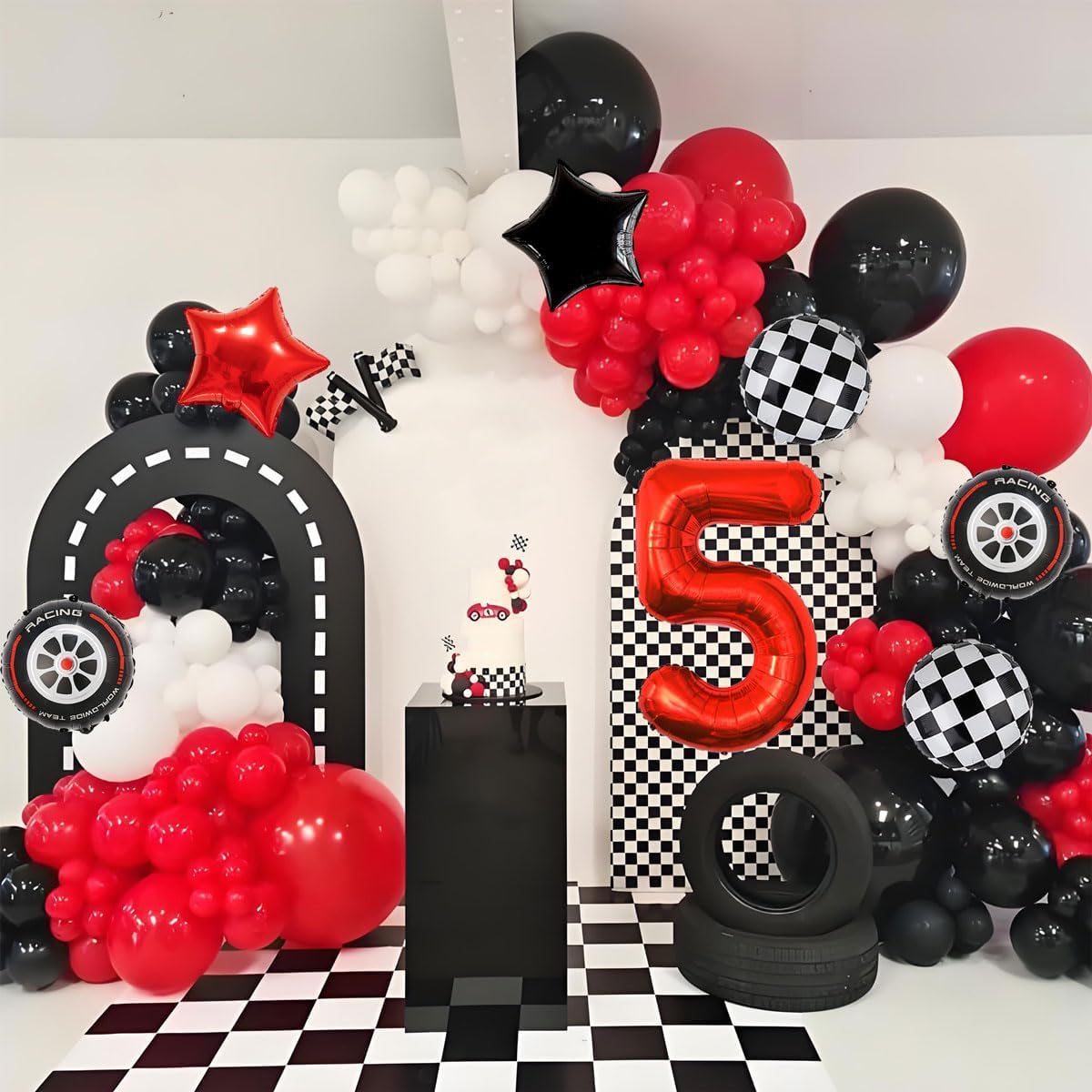 Race Car Birthday Party Decorations - 40 Inch Mylar Red Number 5 Balloons - Black Foil Checkered Race Car Balloons for 5st Birthday Race Cars Themed Party Decorations