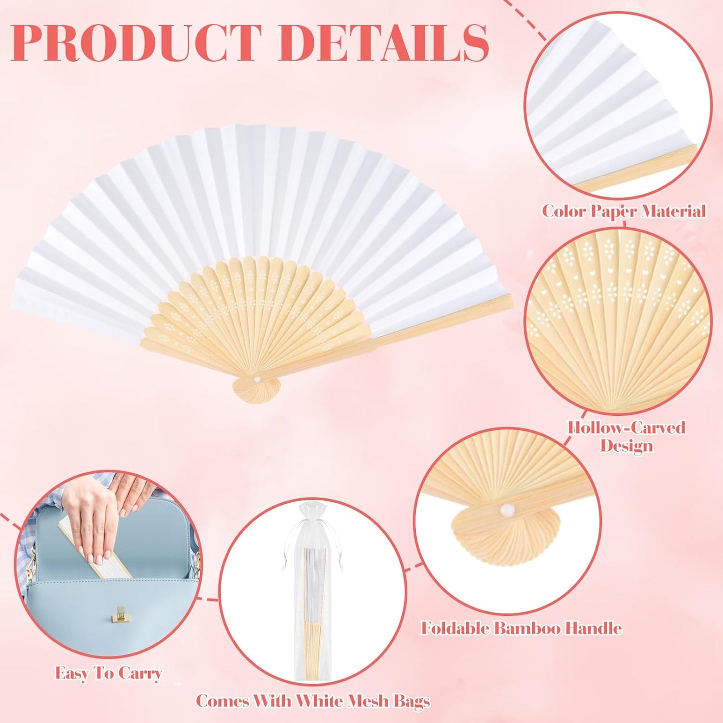 48 Pieces Hand Held Bamboo Folding Fans Paper Fans Handheld for Women Foldable Girls Wedding Decoration Church Home Party Favors Summer (Multicolor)