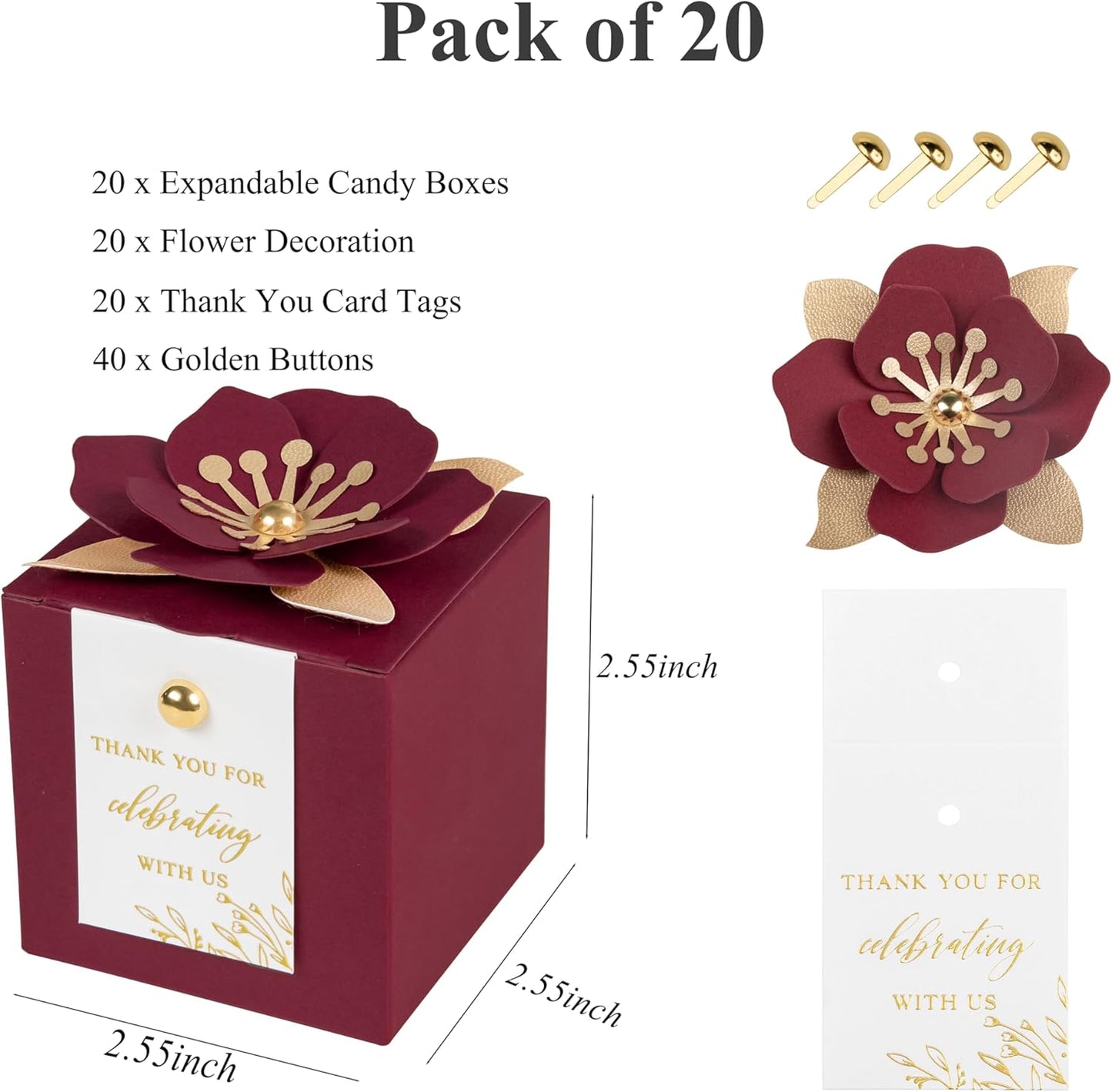FEIYI 20 PCS Favor Boxes, 3 In 1Burgundy Candy Boxes with Floral Decor, White Thank You Tags Gold Foil Print Gift wrapping for Wedding, Baby Shower, Birthday, Decorations Party - 2.55x2.55x2.55