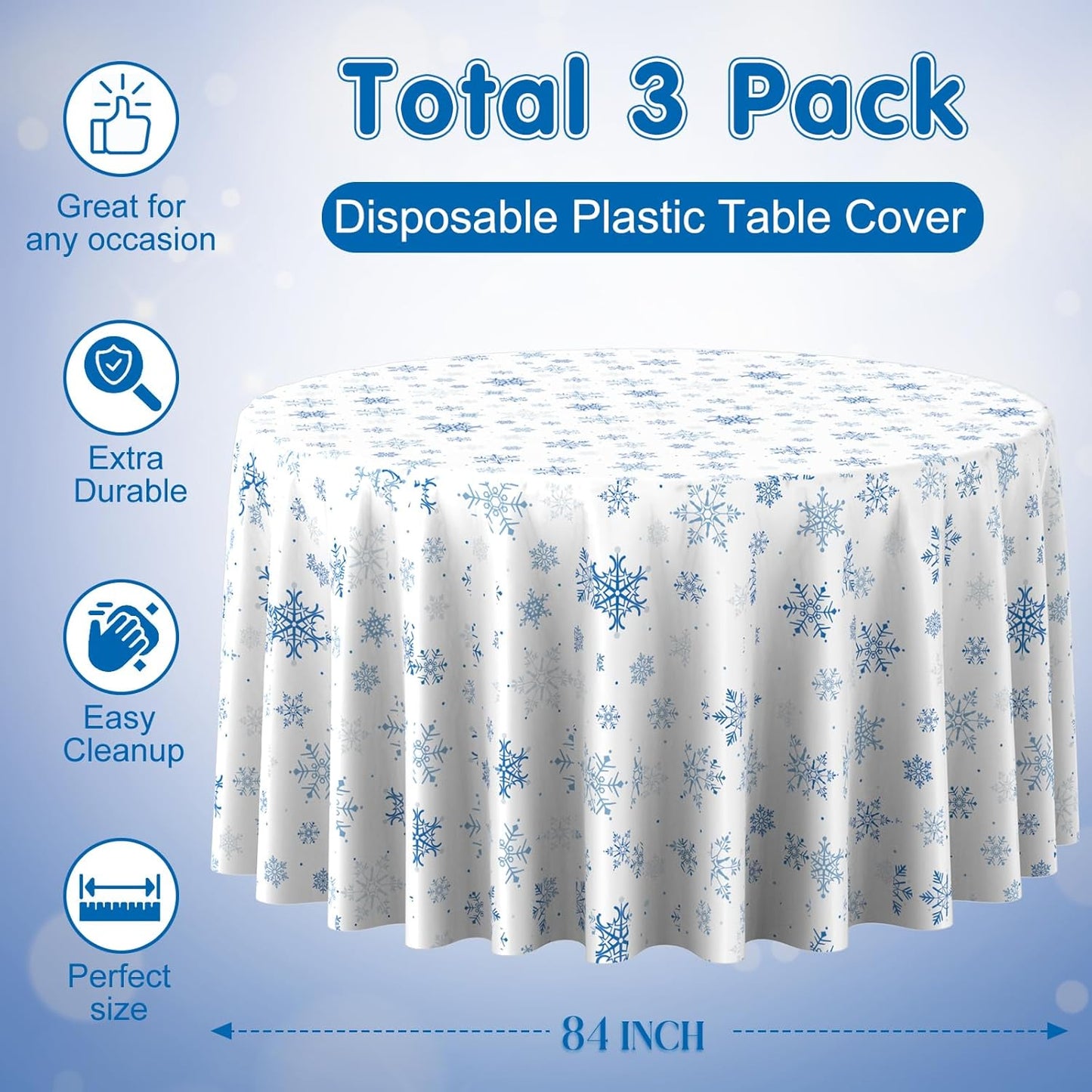 3 Pieces Christmas Snowflake Plastic Party Tablecloth Decorations,Disposable Blue Snowflake White Xmas Round Table Cover Backdrop for Winter Christmas Holiday Party Supplies,84 inch (Blue White)