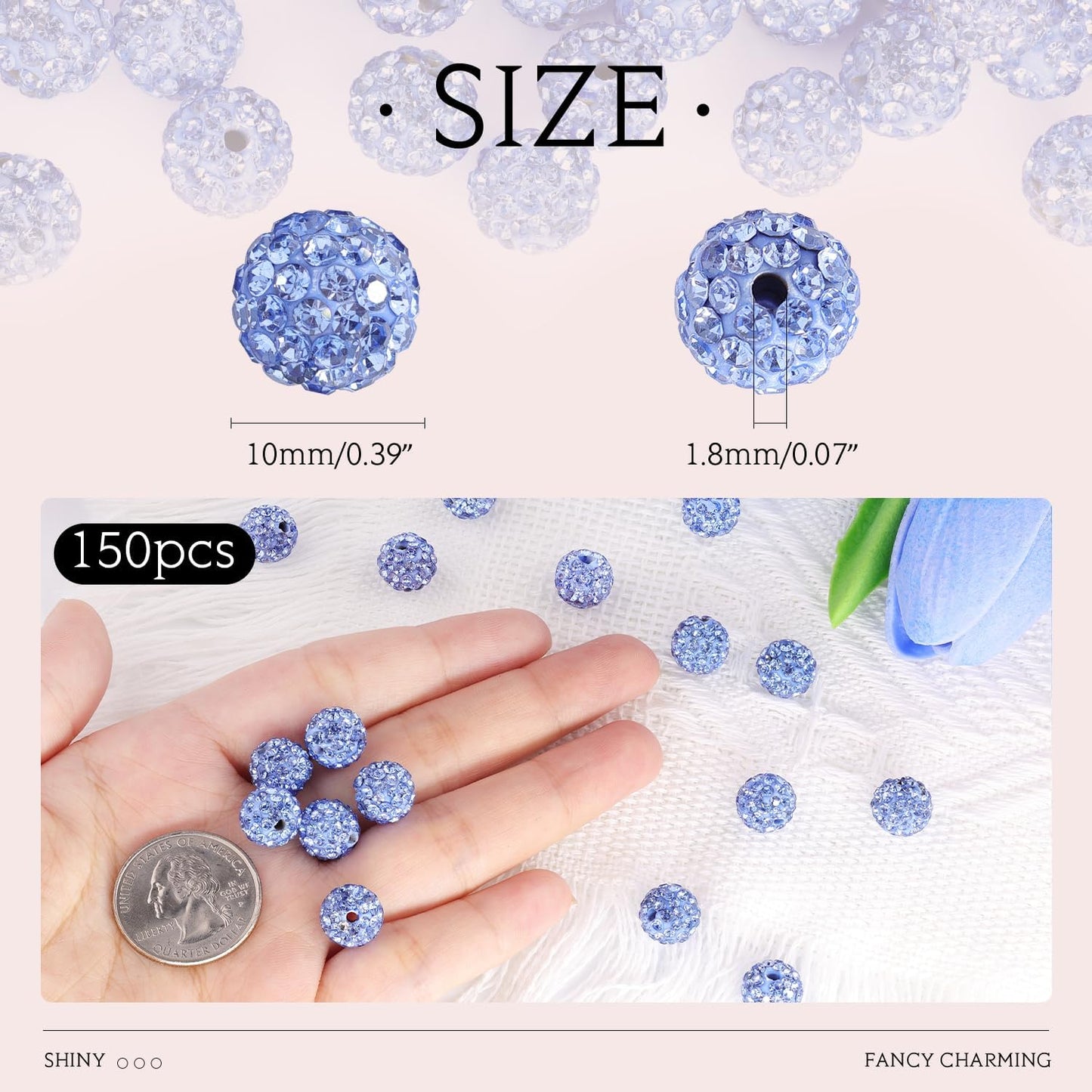 150 pcs 10mm Rhinestone Beads for Jewelry Making, Light Blue Shiny Round Shamballa Disco Beads Bulk, Sparkle Crystal Clay Christmas for Bracelet Baseball Necklace Earring Crafting and DIY