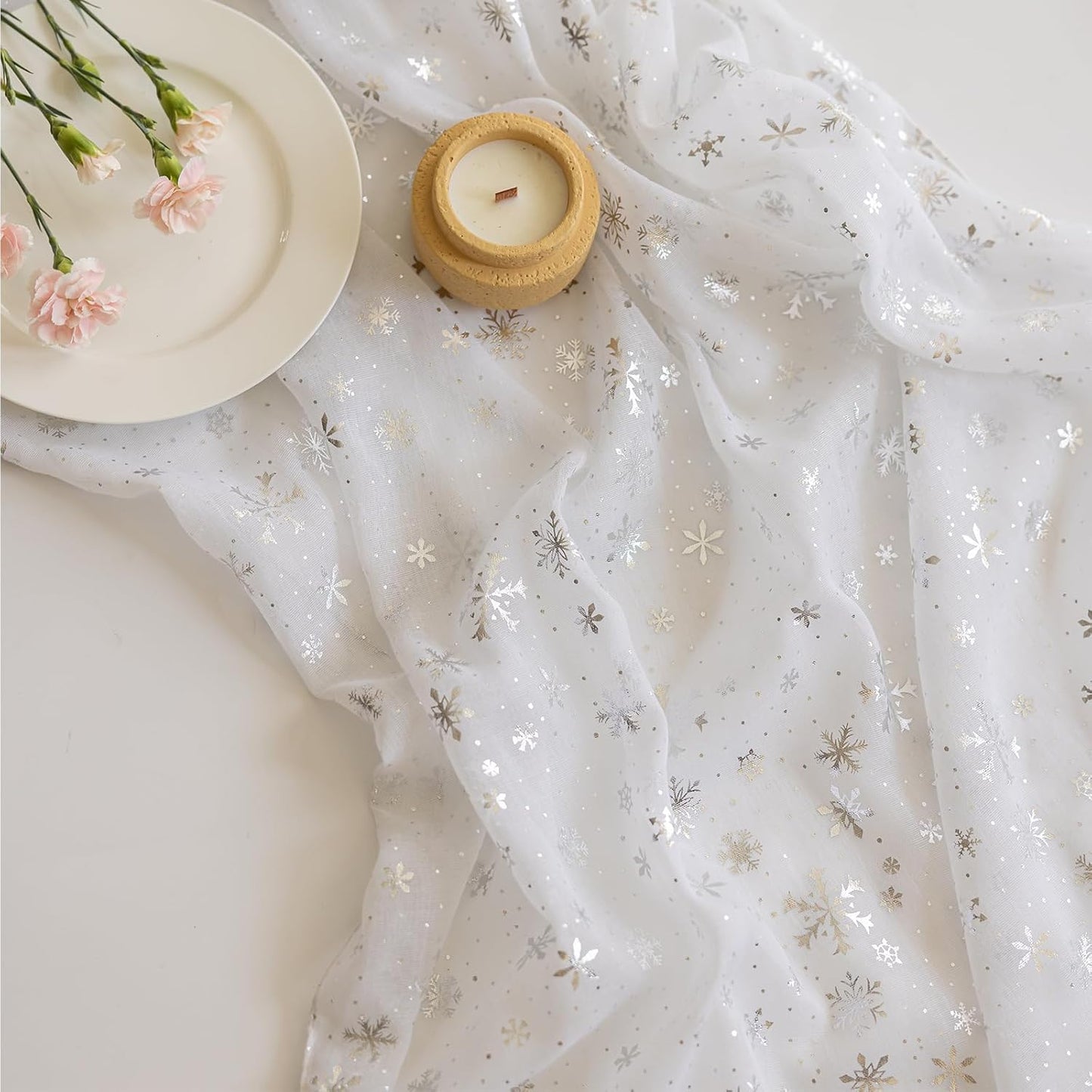 Silvery Snowflake Metallic Print Tulle Christmas Table Runner, Seasonal Winter Kitchen Dining Table Decoration for Home Party Decor 35x120 Inch(Off White)