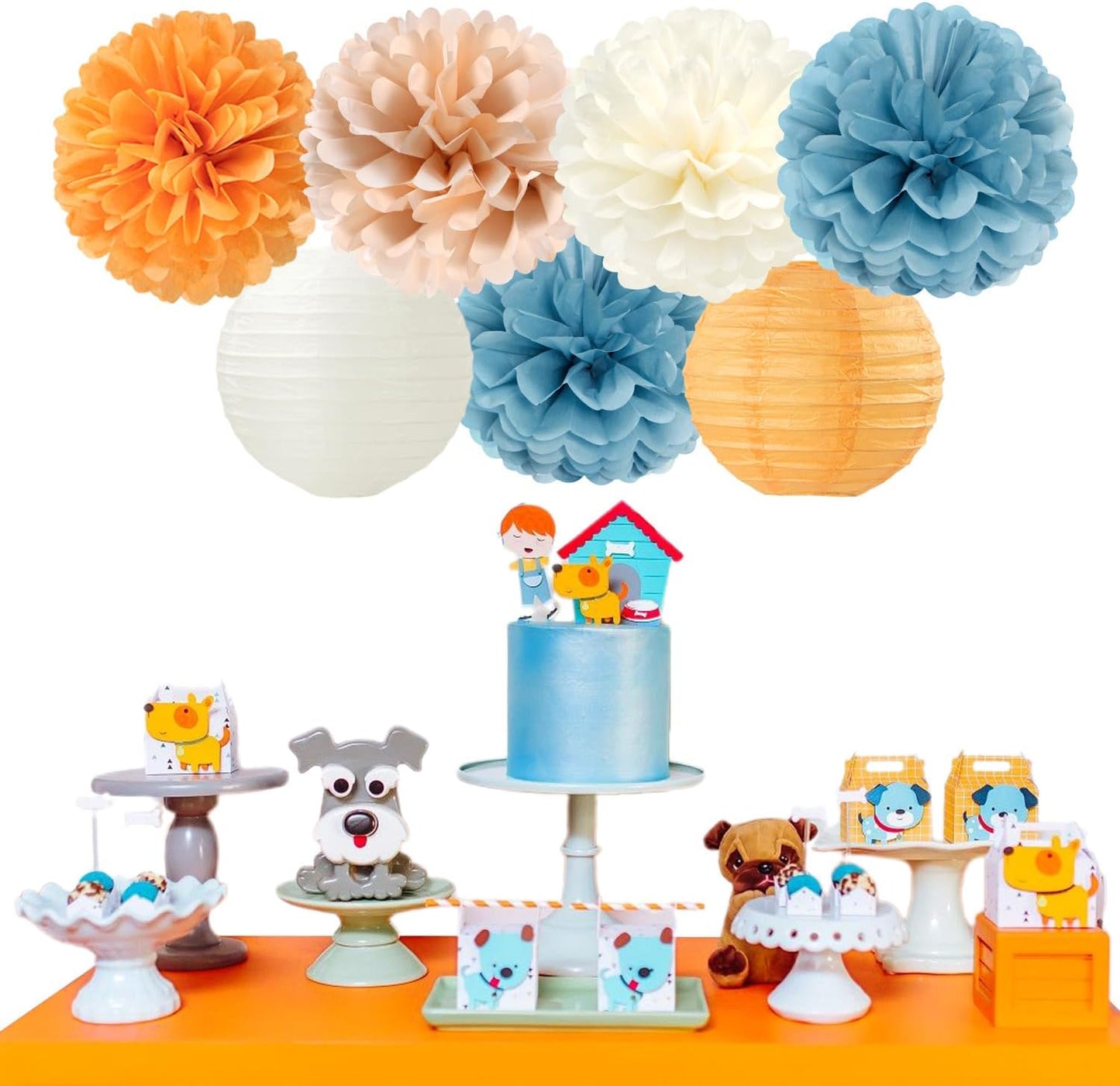 Dusty-Blue Orange Party-Decorations Paper-Flowers Lanterns - 15pc Boho Fall Peach Beige Tissue Pom Poms Streamers,Birthday Bachelorette Bridal Baby Shower Engagement Wedding Graduations Decor Panduola