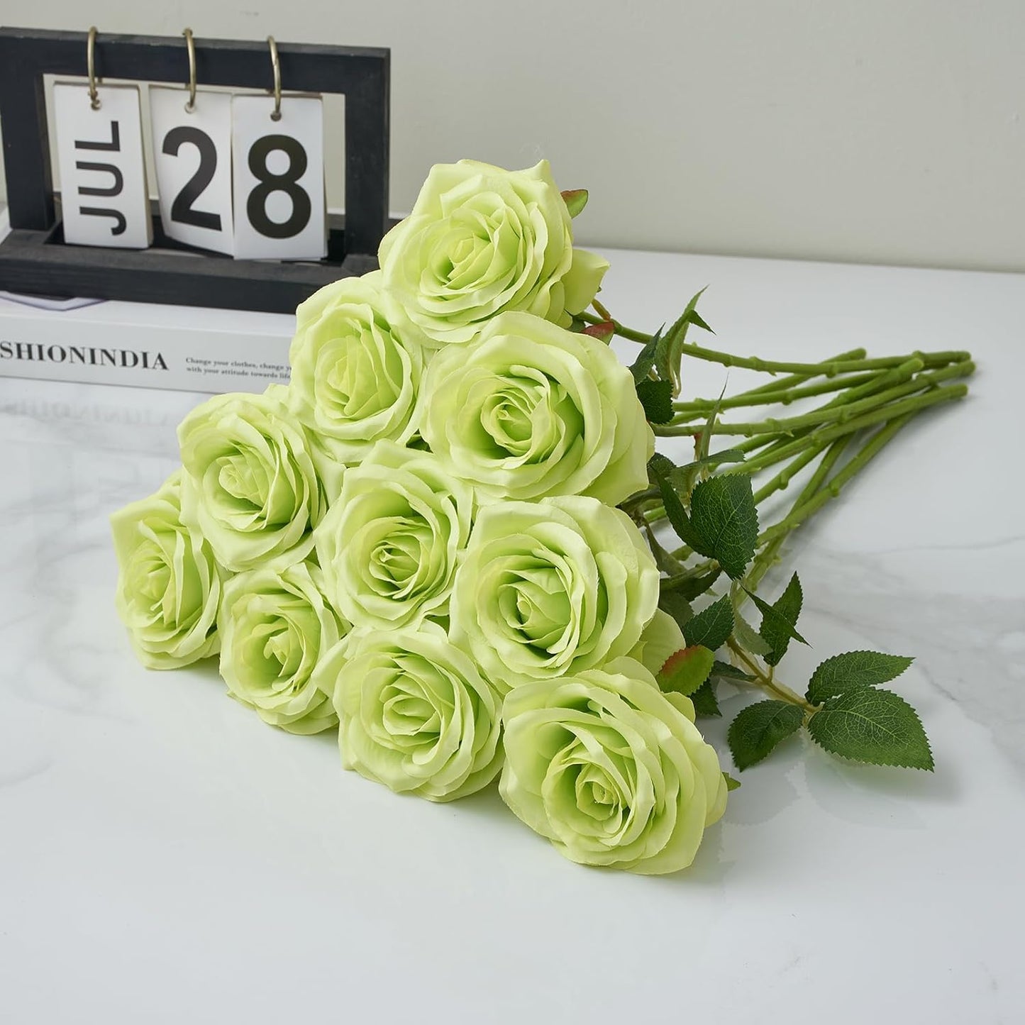 Artificial Rose 10pcs Open Flower Bouquet Faux Rose Stems for Wedding Arrangement, Bridal Bouquet, Centerpiece, Fake Faux Silk Flowers (Green)