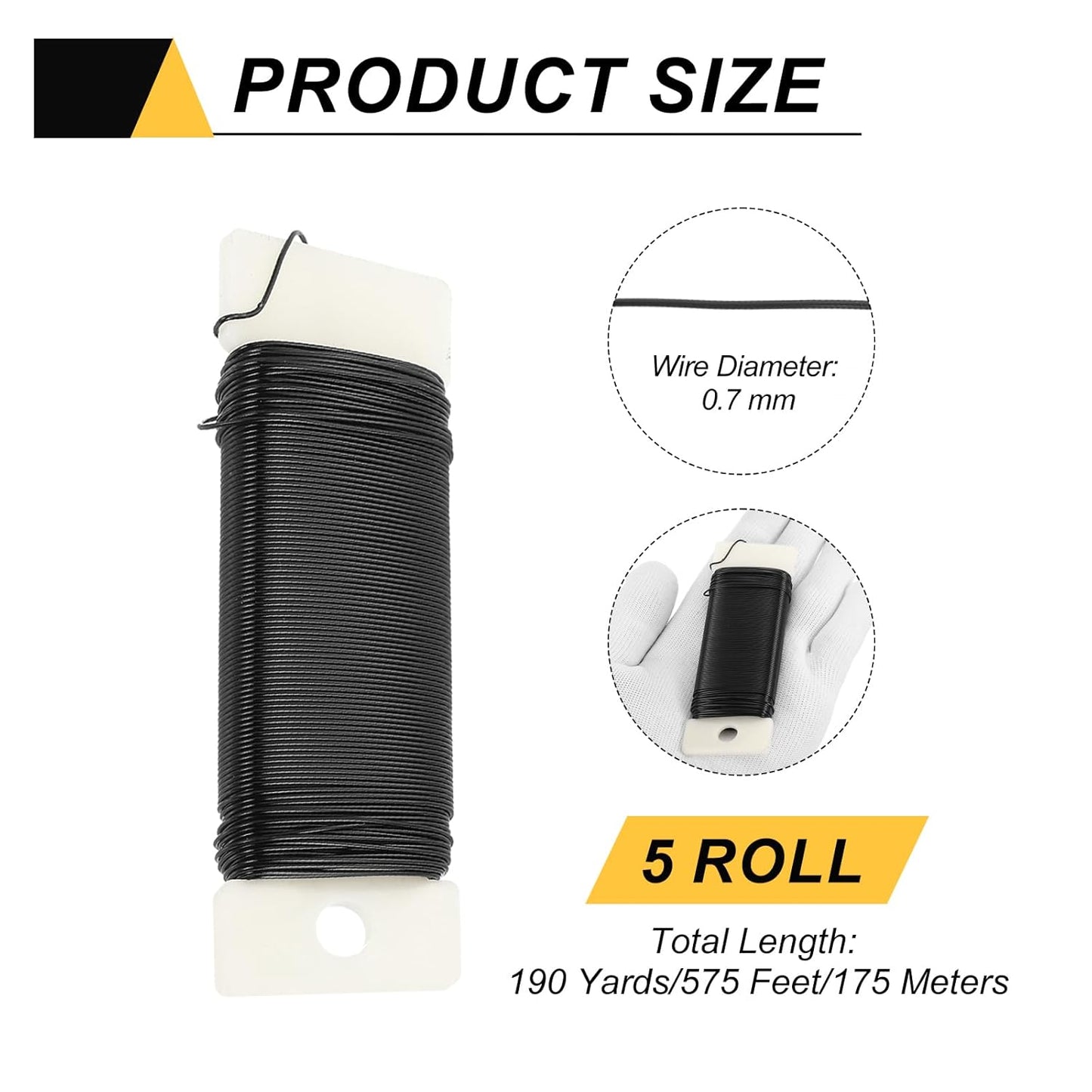 MECCANIXITY 190 Yards/575 Feet Metal Floral Wire 21 Gauge Black Flexible Paddle Thin Floral Wires for Craft, Christmas Wreath, Flower Arrangement, Wedding, Total 5 Roll