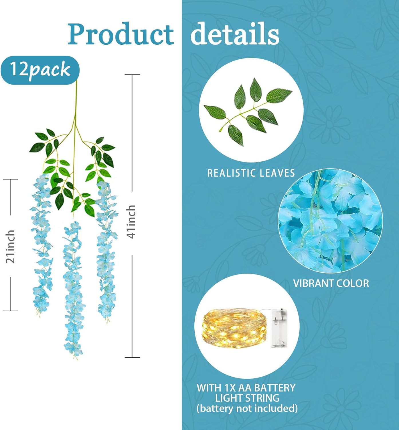 12 Pack Lake Blue Wisteria Hanging Flowers Garland with Lights, 3.44 Feet Artificial Flower Vines, Fake Wisteria, Artificial Vines Hanging Garland for Backdrop Outdoor Patio Garden Decor