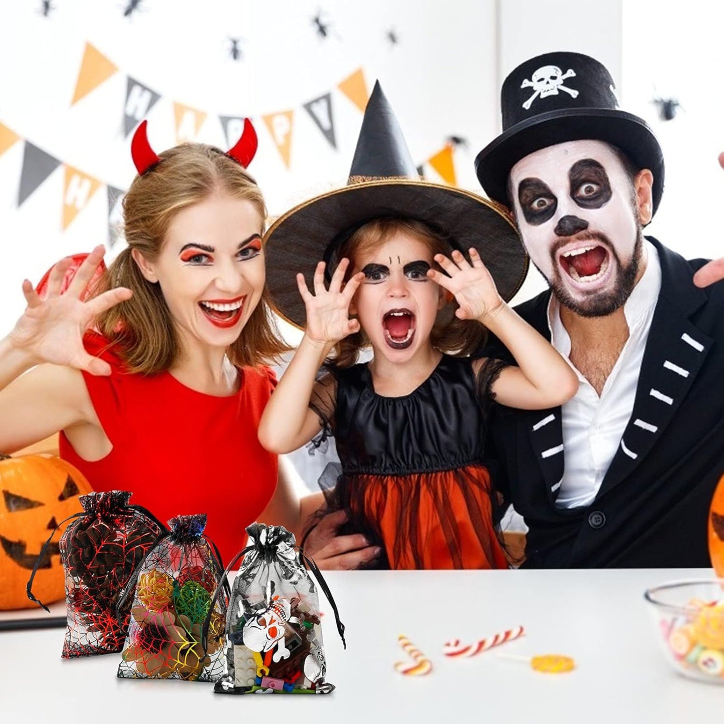 WenTao Halloween Organza Bags, Black Spider Web Favor Gift Bags with Drawstring, 4 x 6 inches Jewelry Gift Bags for Christmas, Halloween, Festival, Pouches Candy Mesh Pouches