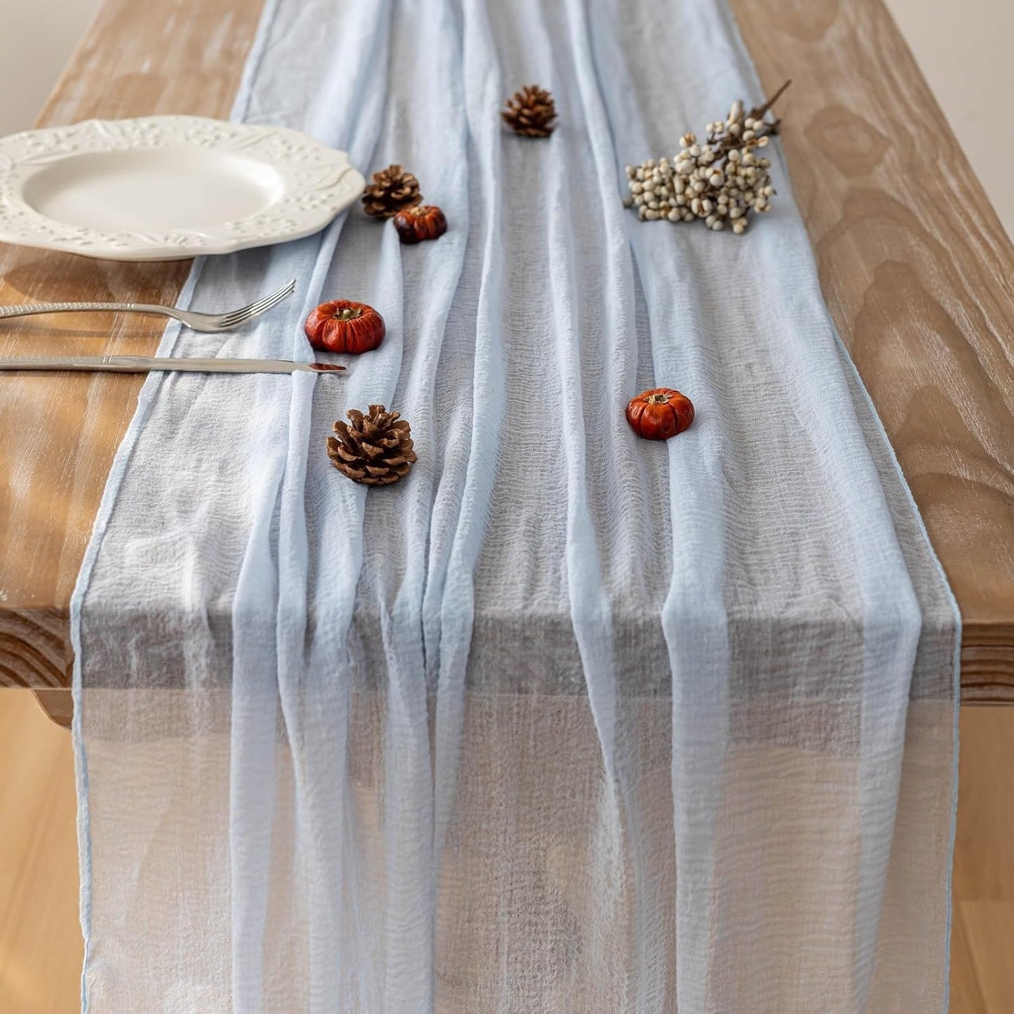 3pcs Light Blue Gauze Rustic Cheesecloth Table Runner 120 Inch 10 FT for Wedding Baby Shower Bridal Shower Birthday Engagement Garden Outdoor Party Long Sheer Boho Decorations