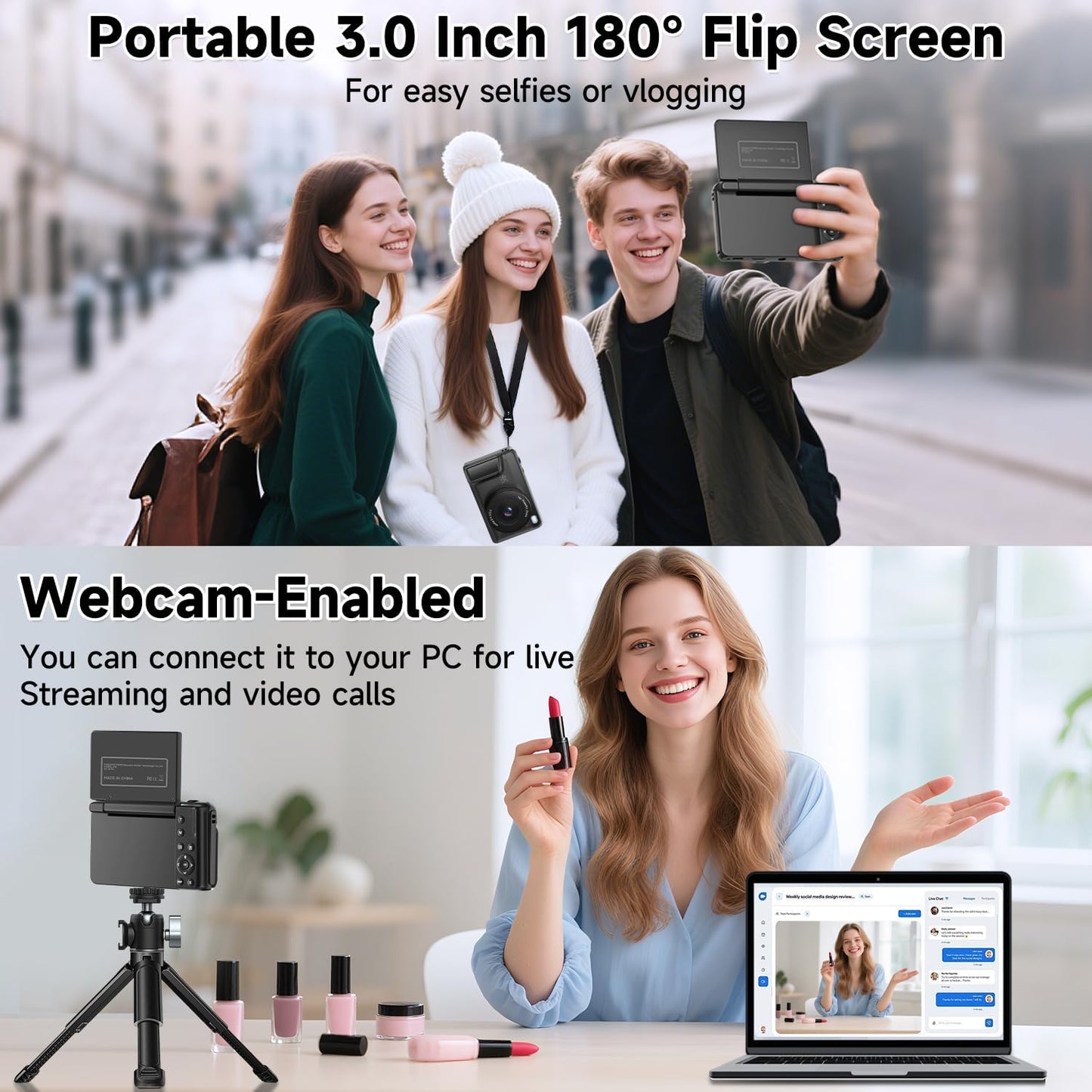 4K Digital Camera for Photography, Autofocus 64MP Vlogging Camera for YouTube with 3" 180° Flip Screen, 16X Zoom Compact Travel Point and Shoot Camera with Flash for Beginners, 64GB Card, Black