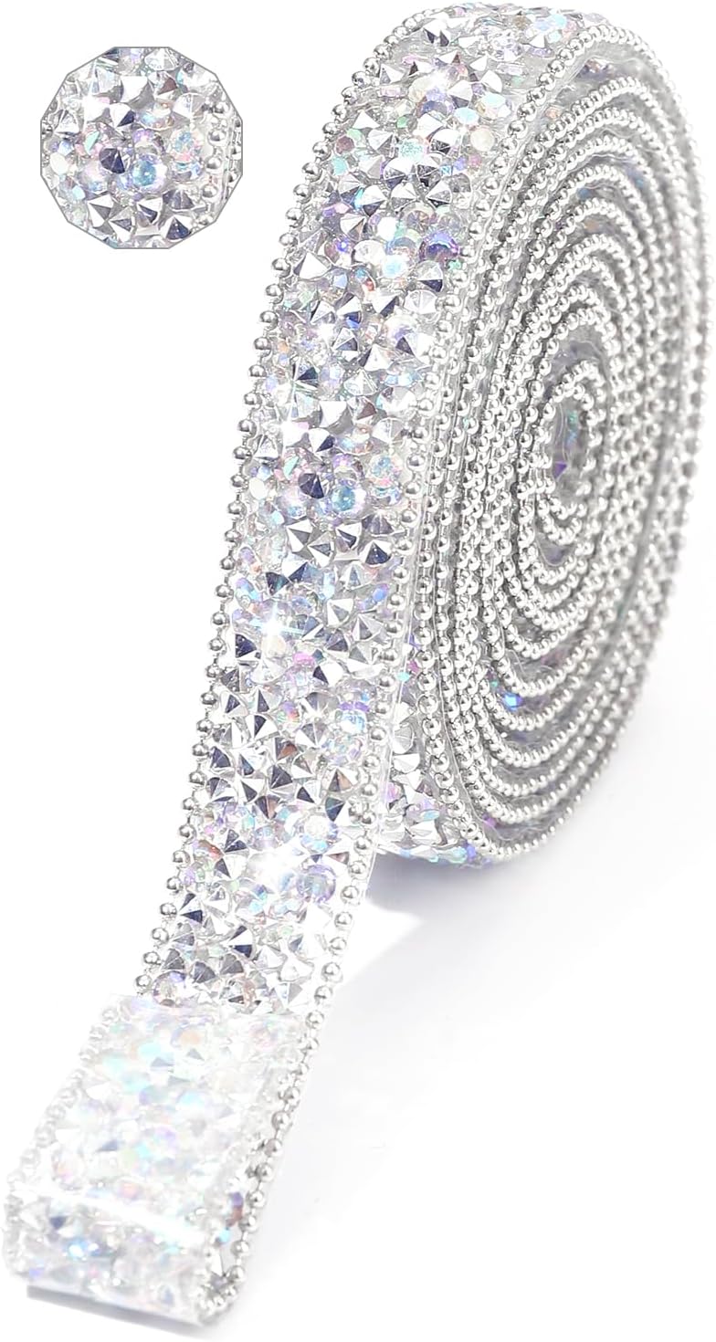 Rhinestone Ribbon 3 Yards Self Adhesive Rhinestone Strips Diamond Ribbon Sticker Crystal Roll Glitter Bling Rhinestones Tape for Crafting DIY Art Decoration (Silver AB,0.6 Inch)