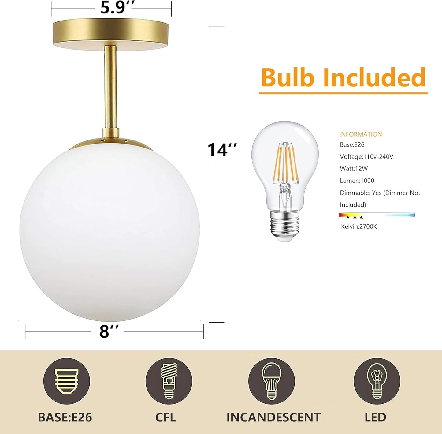 Gold Globe Semi Flush Mount Ceiling Light,Mid Century Modern Light Fixture Ceiling,Globe Ceiling Light for Hallway Living Room Kitchen Bedroom Storage Schoolhouse Laundry(Bulb Incl.)