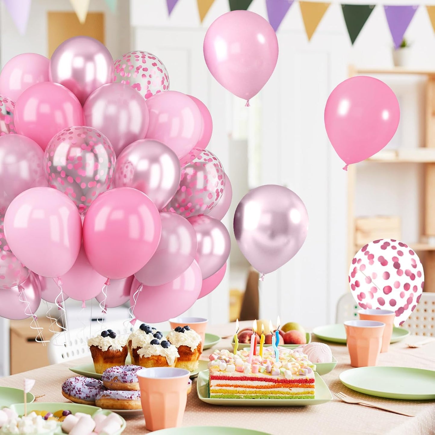 Metallic Chrome Pink 52 PCS 12 Inch Latex Balloons with Pink Confetti - Cherry Blossom, Pearl, Maca for Girl Women Birthday, Wedding, Baby Shower, Party Decorations