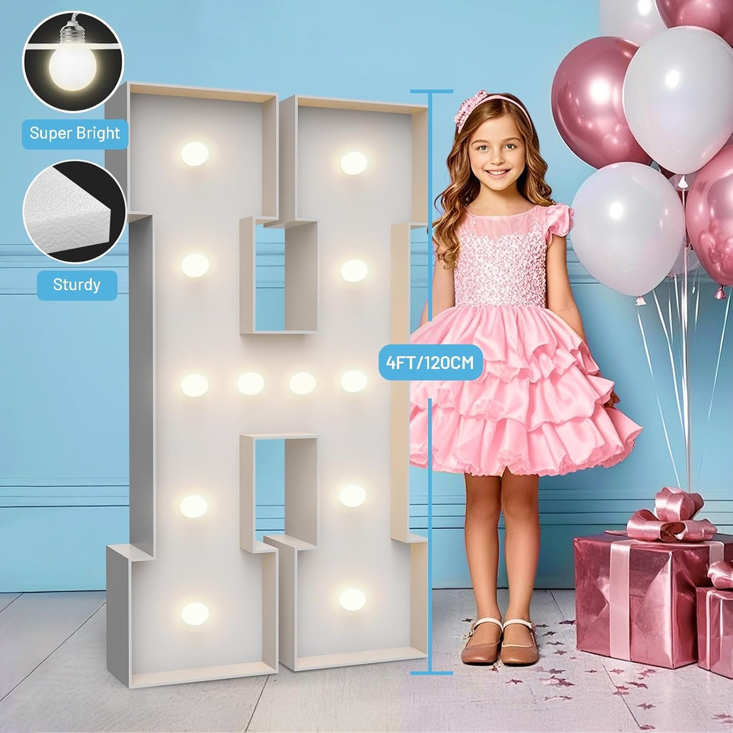 4FT Marquee Light Up Letters H,Party Decoration Large Marquee Light Up Letters with Weighted Water Bag,Pre-cut Foam Board Set Can Be Used for Birthdays,Weddings,Baby Anniversaries