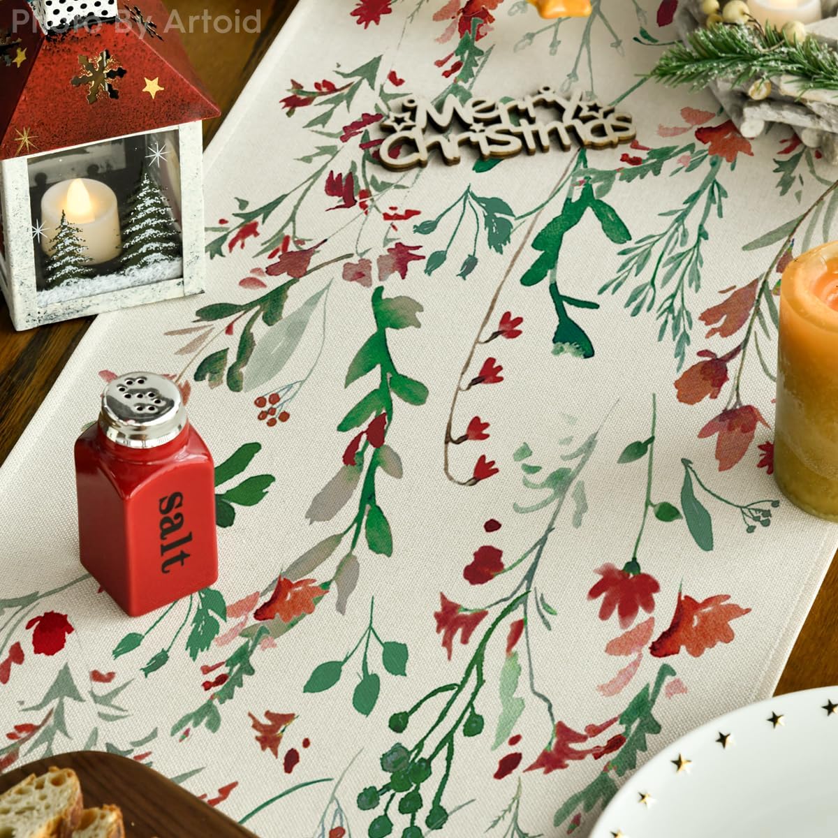 Artoid Mode Floral Leaves Christmas Table Runner, Wild Flowers and Grasses Winter Kitchen Dining Table Decoration for Home Party Decor 13x48 Inch