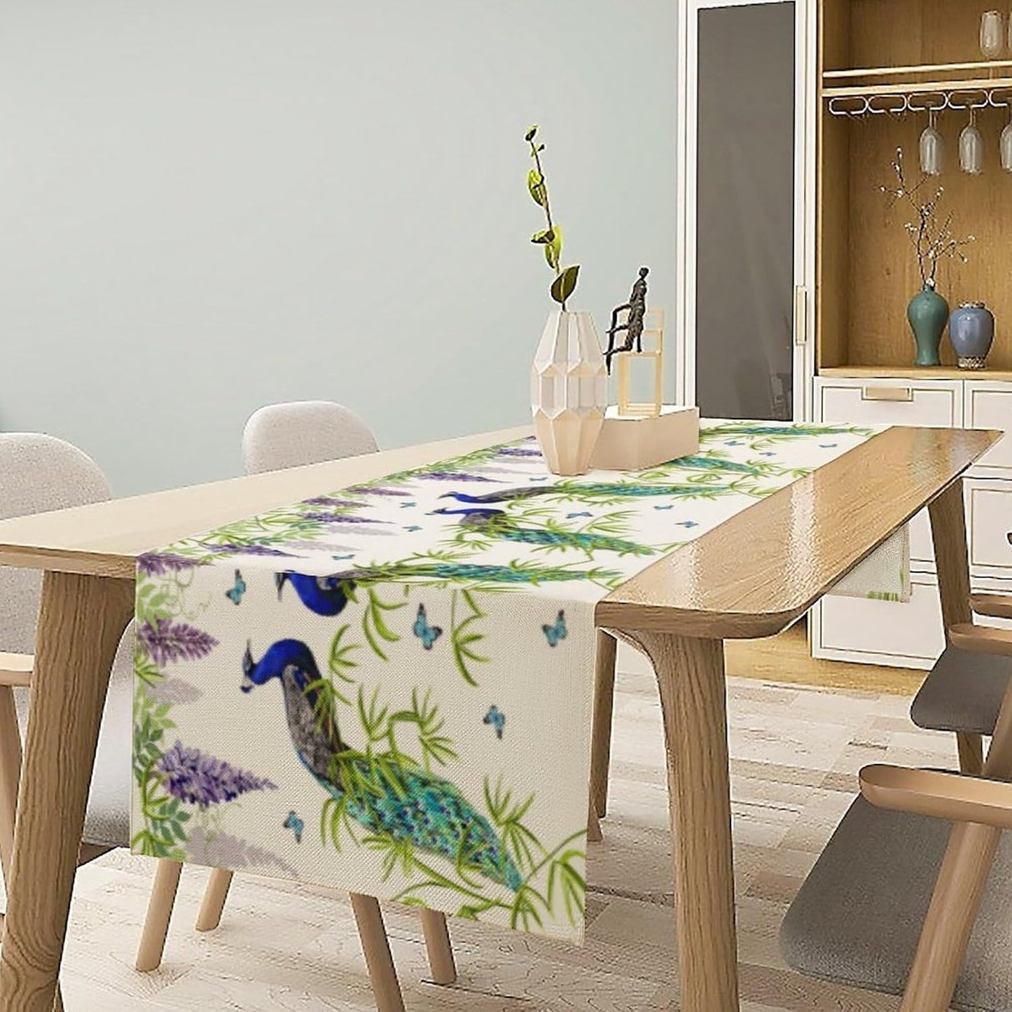 Peacock Table Runner,Spring Plant Butterfly Print Seasonal Table Runner for Home Kitchen Dining Party Indoor Outdoor Decoration 13x120 Inch
