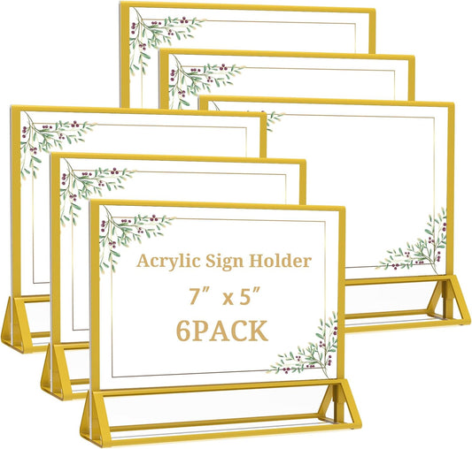 Clear Acrylic Sign Holder 7x 5 Horizontal Double Sided Gold Frame Flyer Holder for Wedding Table Number Menu Holder (6pcs)