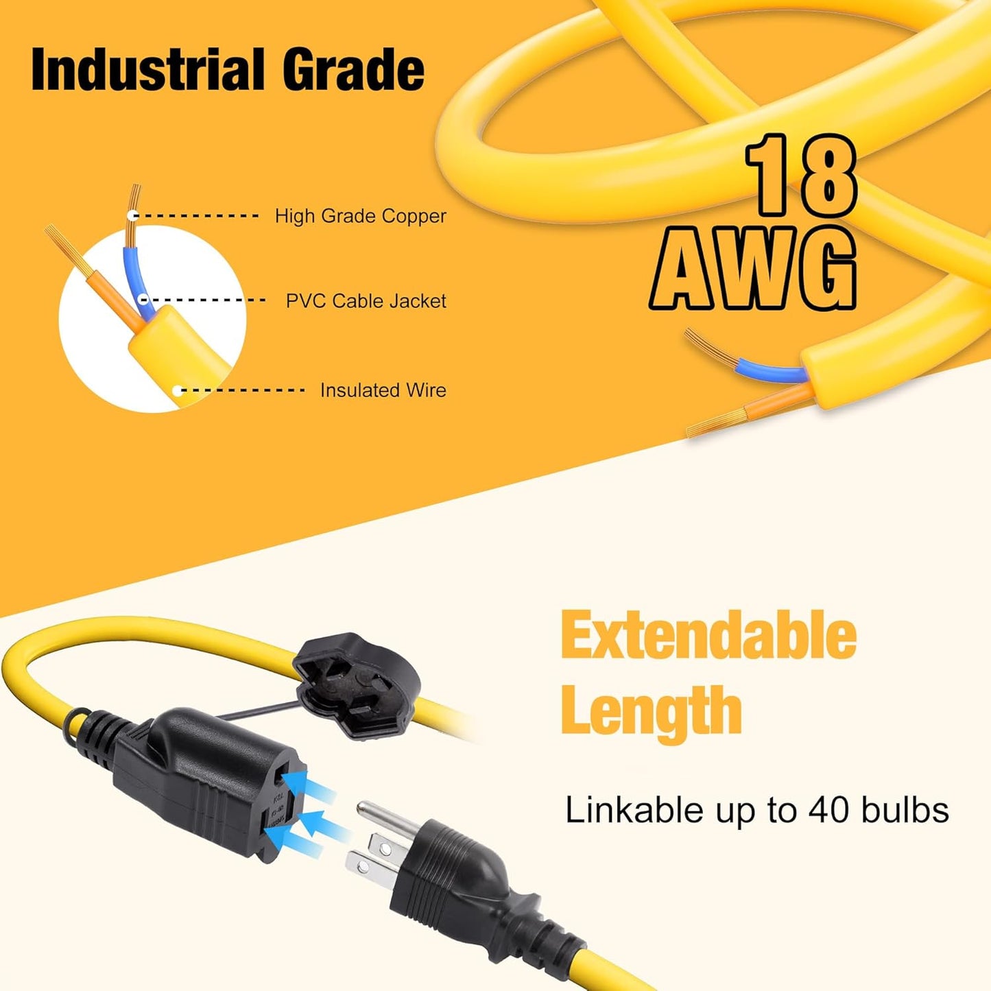 3-Prong 100FT Construction String Lights, IP65 Waterproof ETL Certified String Work Lights, 5000K Daylight 18AWG Wire Linkable Temporary Construction Lighting for Jobsite with 10 Bulbs & Hooks