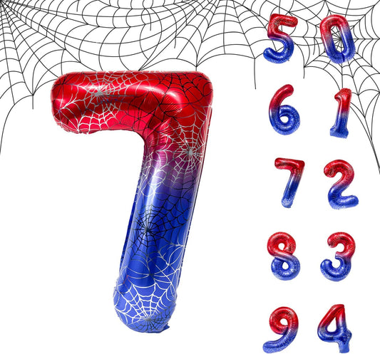Spider Web 40Inch Foil Number Balloons Set 0-9 Includes Inflation Straws - Giant 7 Decor for Birthdays, Anniversary Party Arch Supplies (Spider, Number 7)