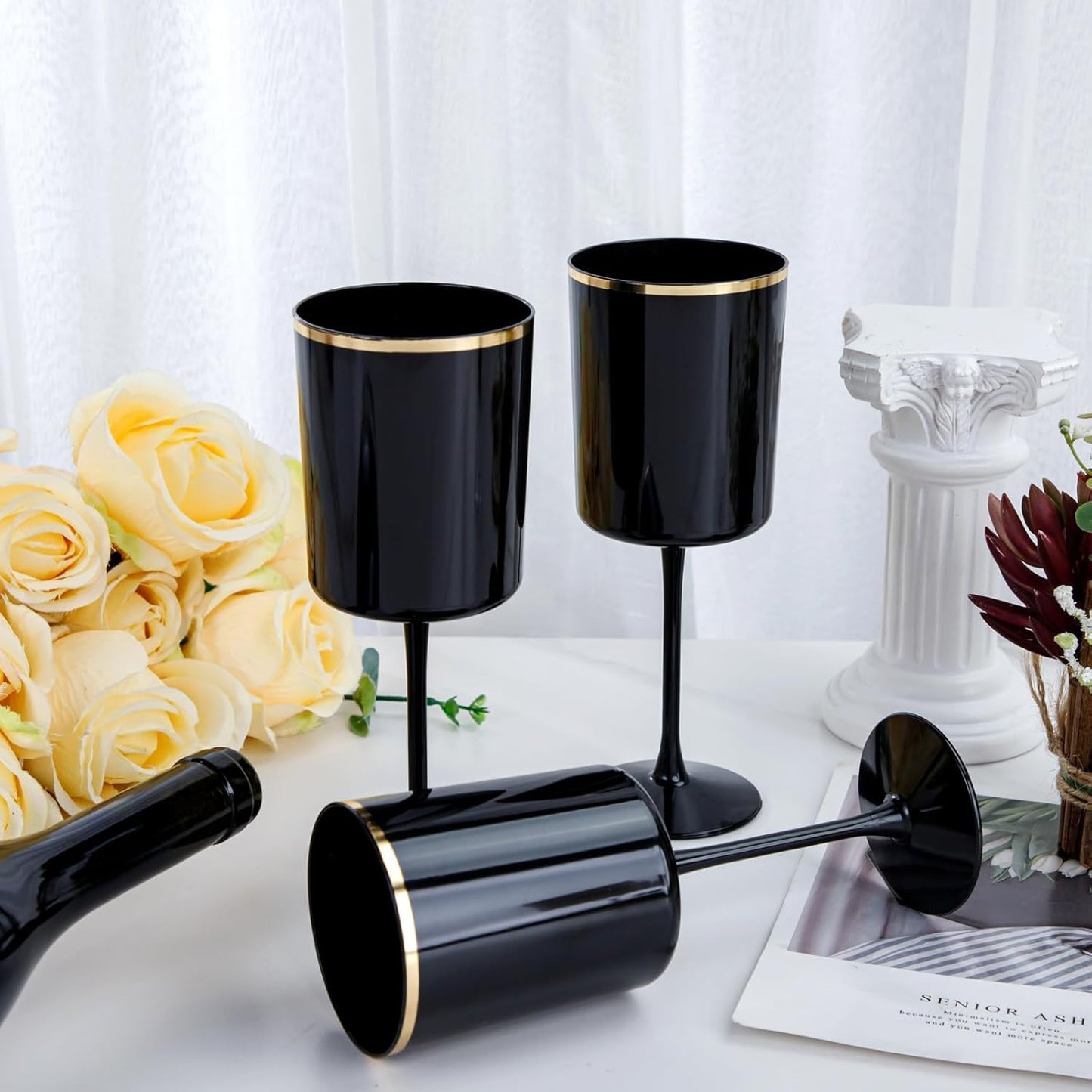 Ciaell 12 Pack 10 OZ Black Plastic Wine Glasses with Stem - Black and Gold Disposable Wine Glasses Perfect for Parties & Weddings & Toasting & Outdoors & Camping & Halloween