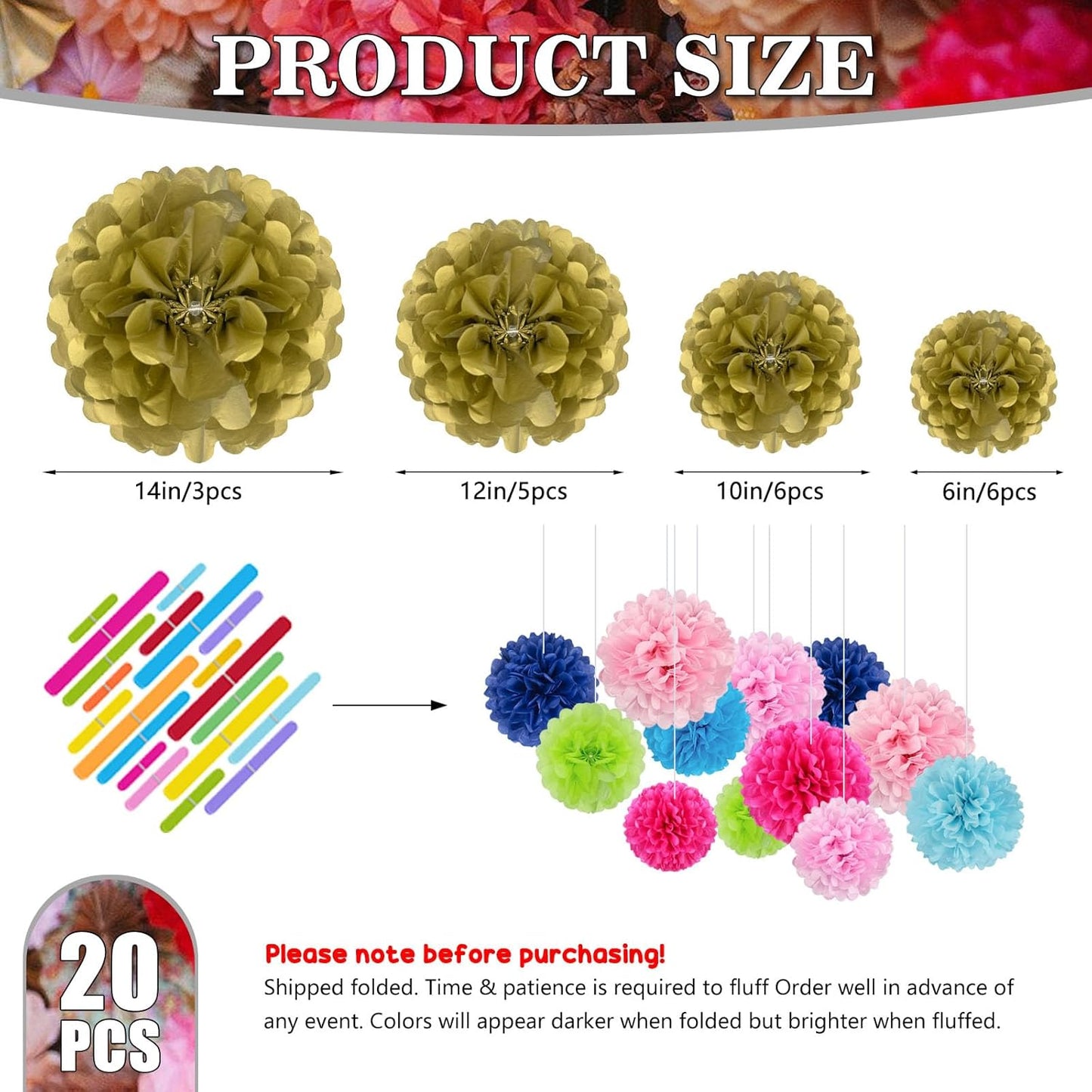 Tissue Paper Pom Poms, Gold Tissue Paper Flowers, Hanging Flower Balls for Weddings Fiesta Parties Birthday Baby Showers Classroom Bridal Shower Decoration (20Piece Set-6/10/12/14Inch)