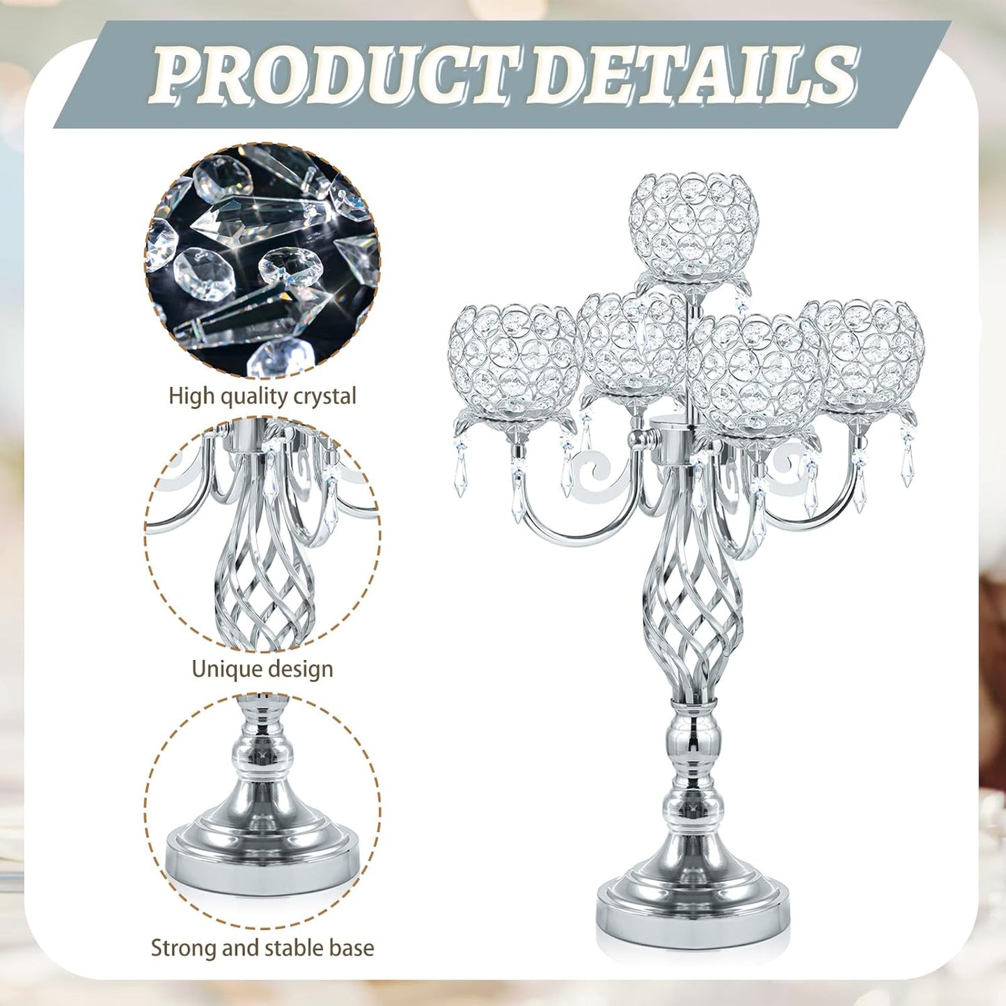 5-Arm Crystal Candelabra Centerpiece 23.2" Tall - Elegant Candle Holder Stand with Crystal Bowl, Chic Table Decor for Weddings, Parties, Anniversary & Home Decoration (2, Silver)