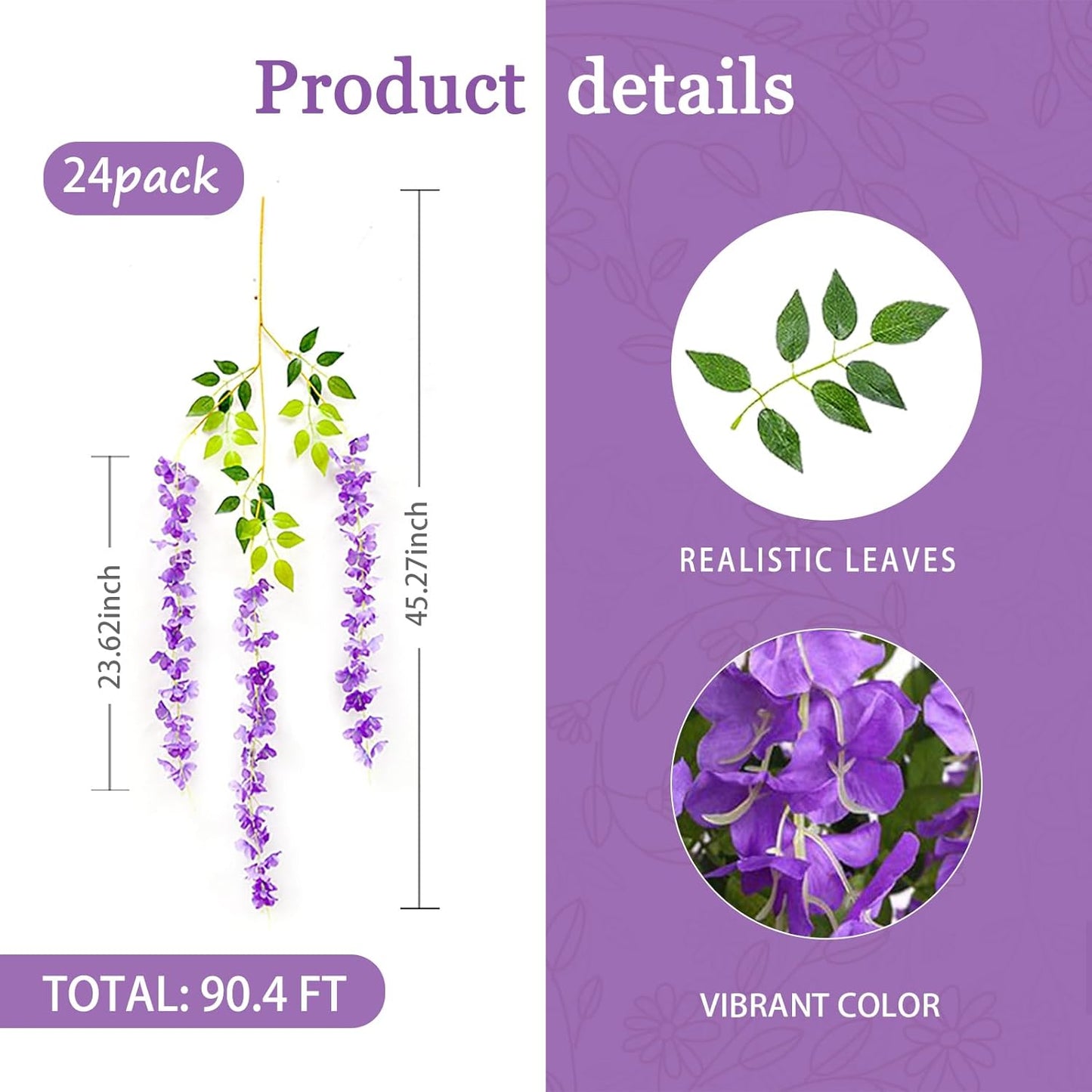 24 Pack Purple Wisteria Hanging Flowers Garland, 3.77 Feet Artificial Flower Vines, Fake Wisteria, Artificial Vines Hanging Garland for Backdrop Outdoor Yard Garden Decor