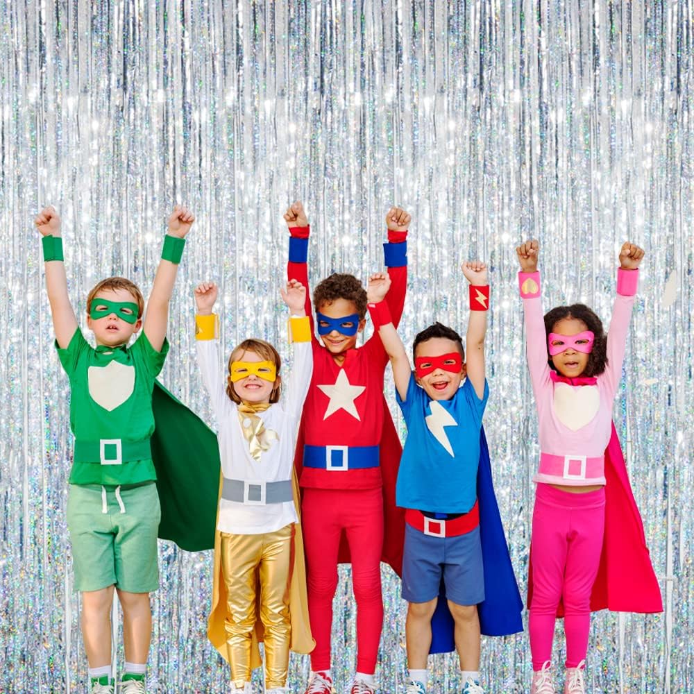 GOER 3.2 ft x 8.2 ft Metallic Tinsel Foil Fringe Curtains Party Photo Backdrop Party Streamers for Birthday,Graduation,New Year Eve Decorations Wedding Decor (3 Pcs, Shiny Silver)