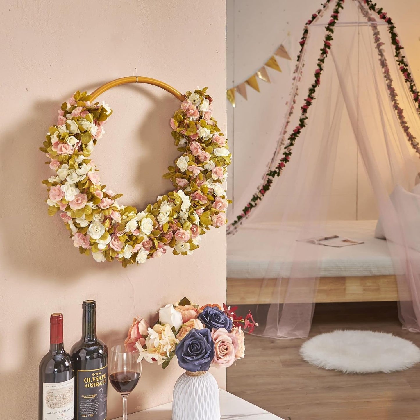 8 Pcs x 8.2 ft Flower Garland Artificial Rose Vine Flowers with Green Leaves Hanging Fake Roses Vine for Room Party Home Wedding Birthday Christmas Wall Arch Decor, Pink White Flower