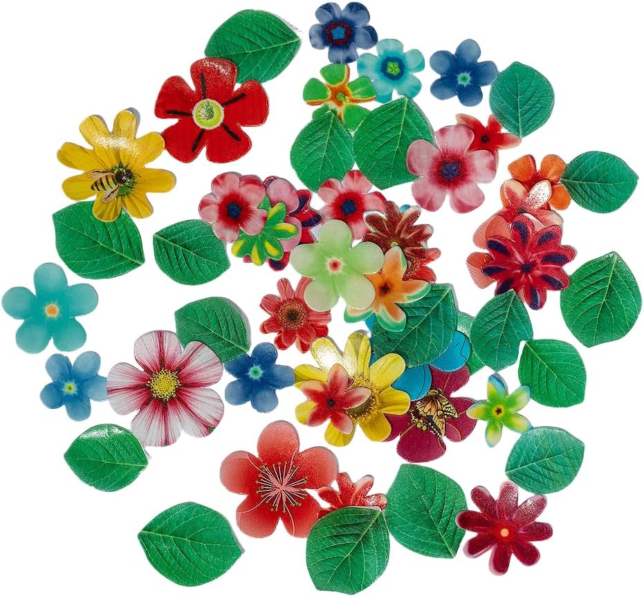 Edible Flowers Edible leaves 55pcs Wafer Paper Cake Cupcake Toppers for Decorating Rice Paper Flower Food Decorations for Baking Girl Birthday Party Mix Size Color (35flowers+20lesaves)