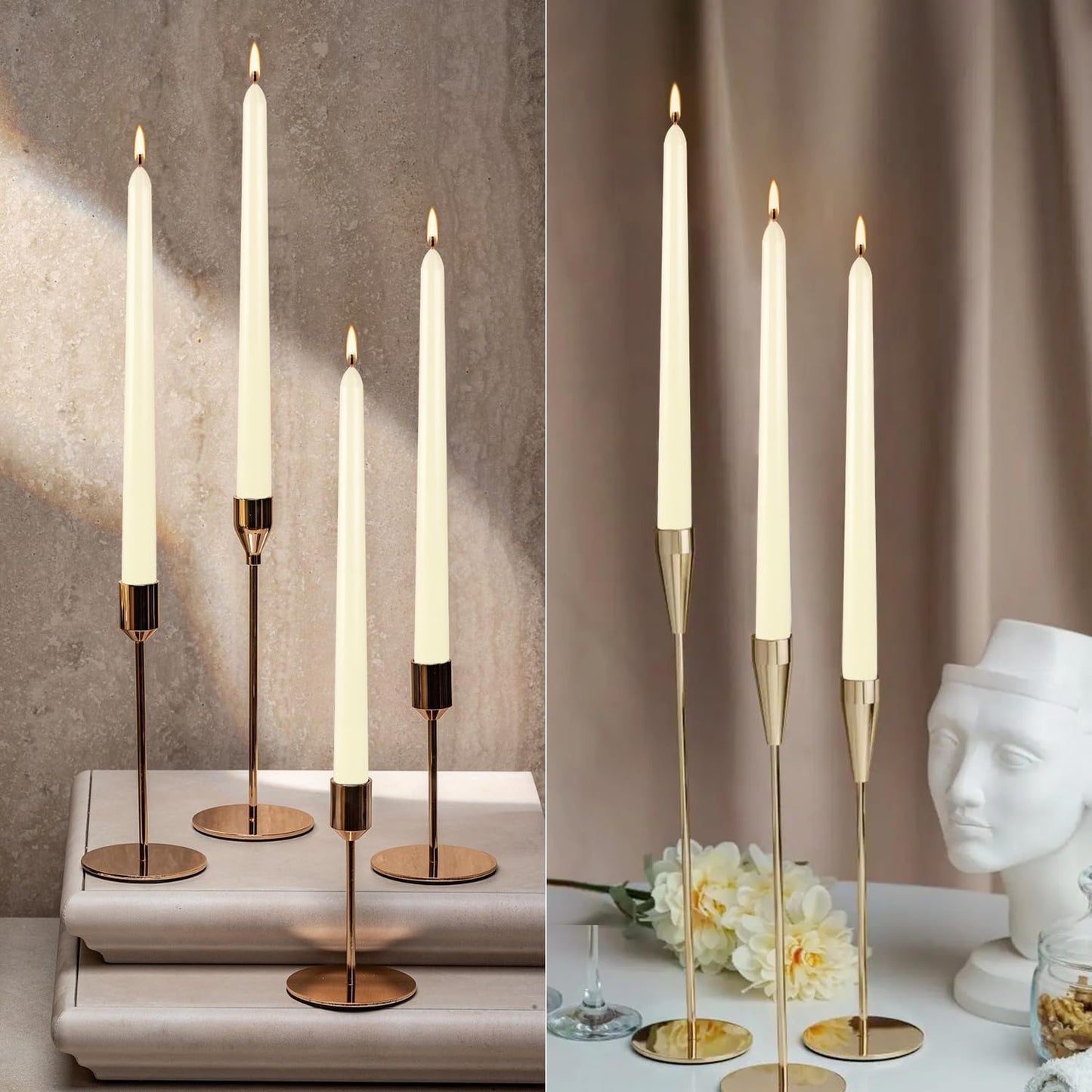 36 Pack Ivory White Taper Candles, 7-8 Hours Burn Time, Unscented, Smokeless and Dripless, 0.8 x 10 Inch Dinner Candle Set for Household, Wedding, Party and Home Décor Candlesticks