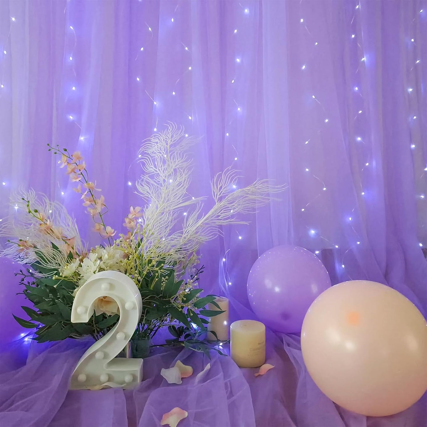 5x8ft (2 pieces) Lavender Tulle Backdrop Curtains with Lights for Party Wedding Baby Shower, Sheer Drape Backdrop Curtains for Birthday Party Photo Booth Background Decoration