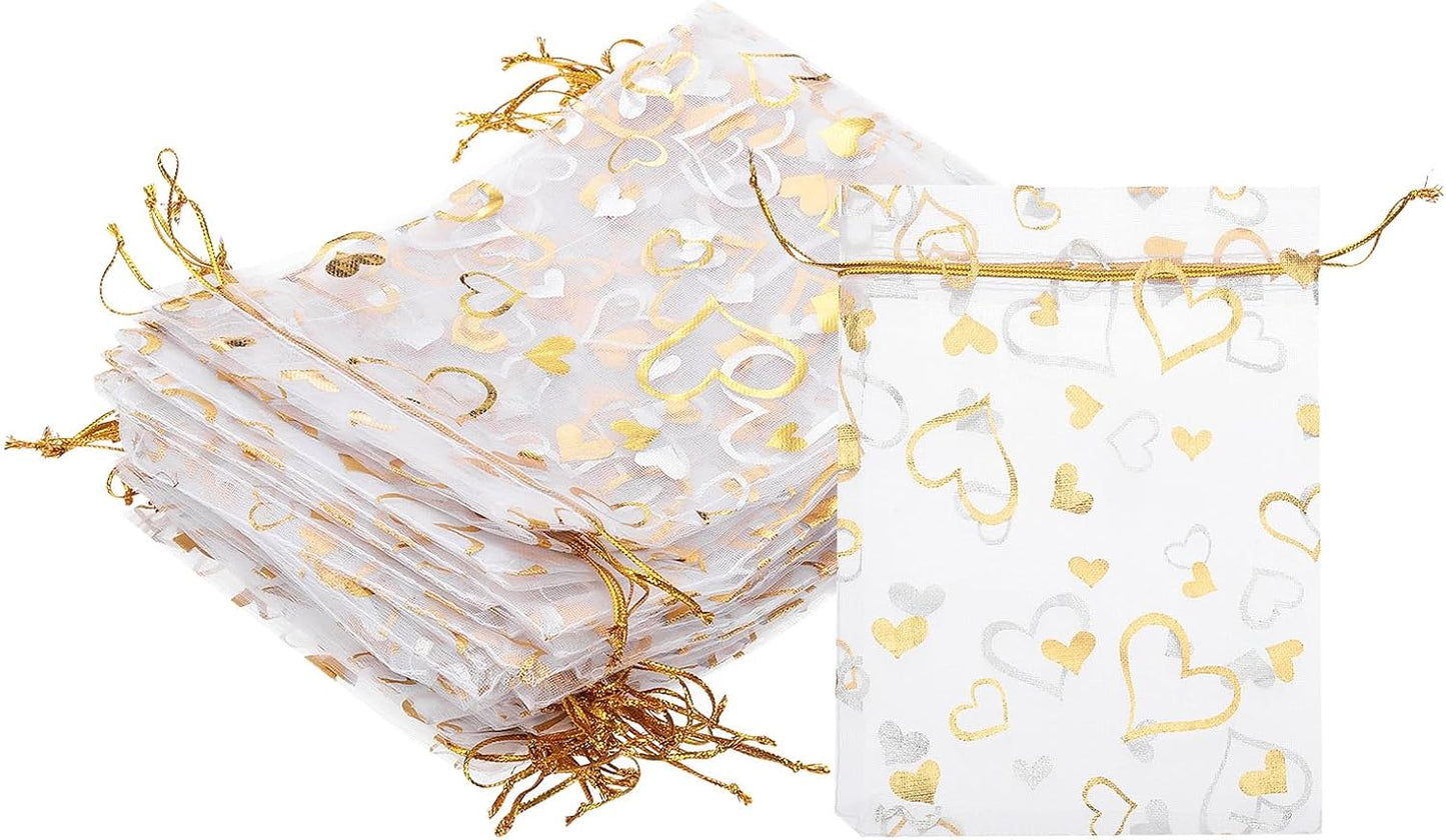 PATIKIL 100 Pcs 5x7 Inch Heart Printed Organza Bags, Gold Silver Sheer Heart Organza Bags with Drawstring for Christmas Candy Jewelry Party Wedding Favor Gift